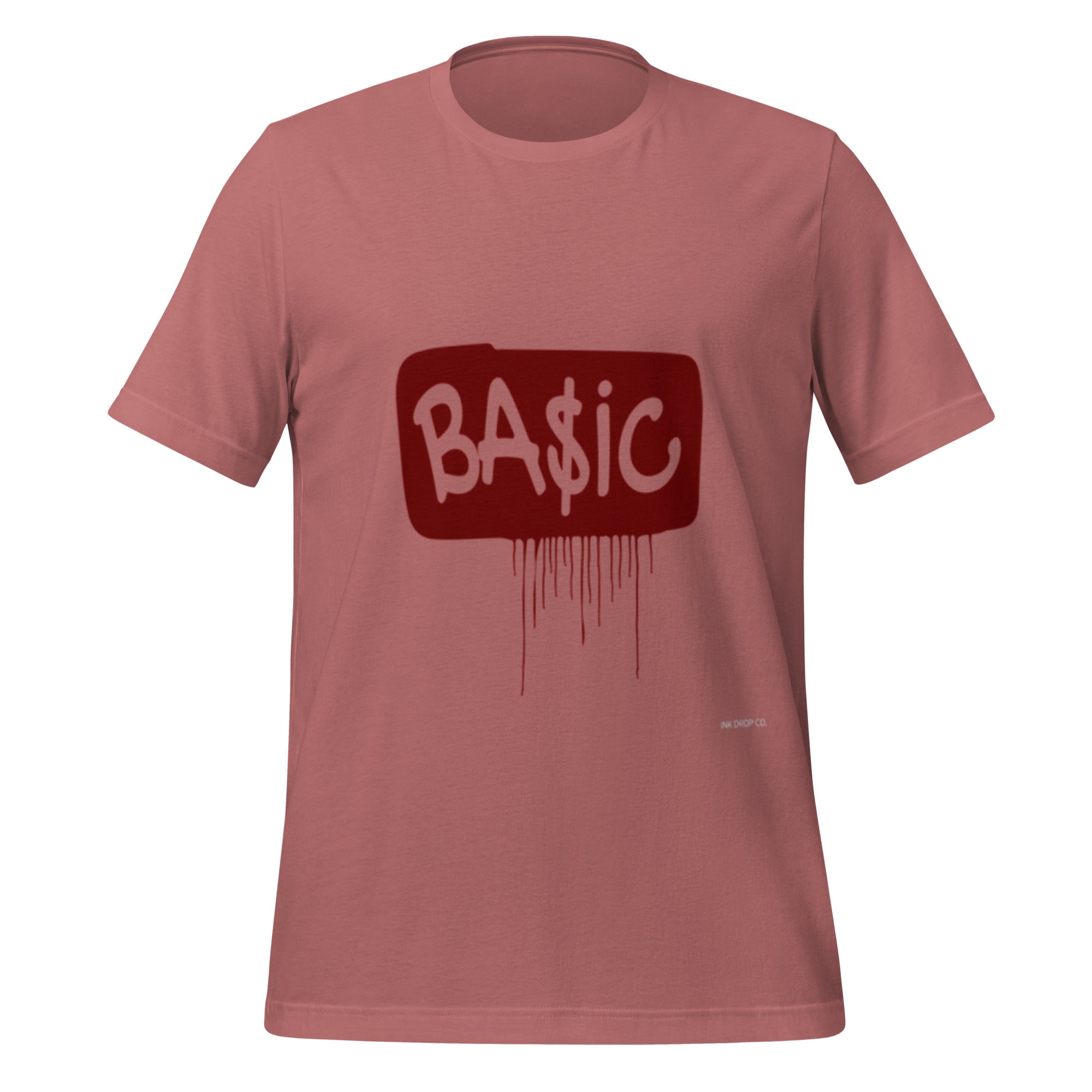 Mauve unisex graphic T-shirt with red BA$IC logo and drips, front view