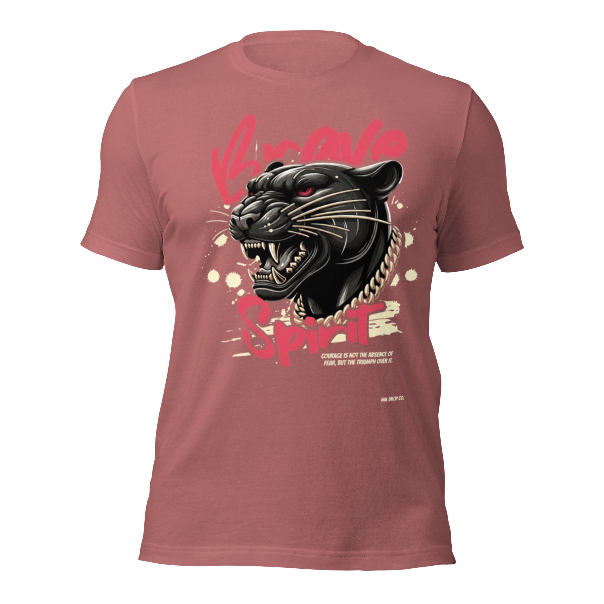 Women's graphic T-shirt, mauve pink, front panther head and Spirit graphic