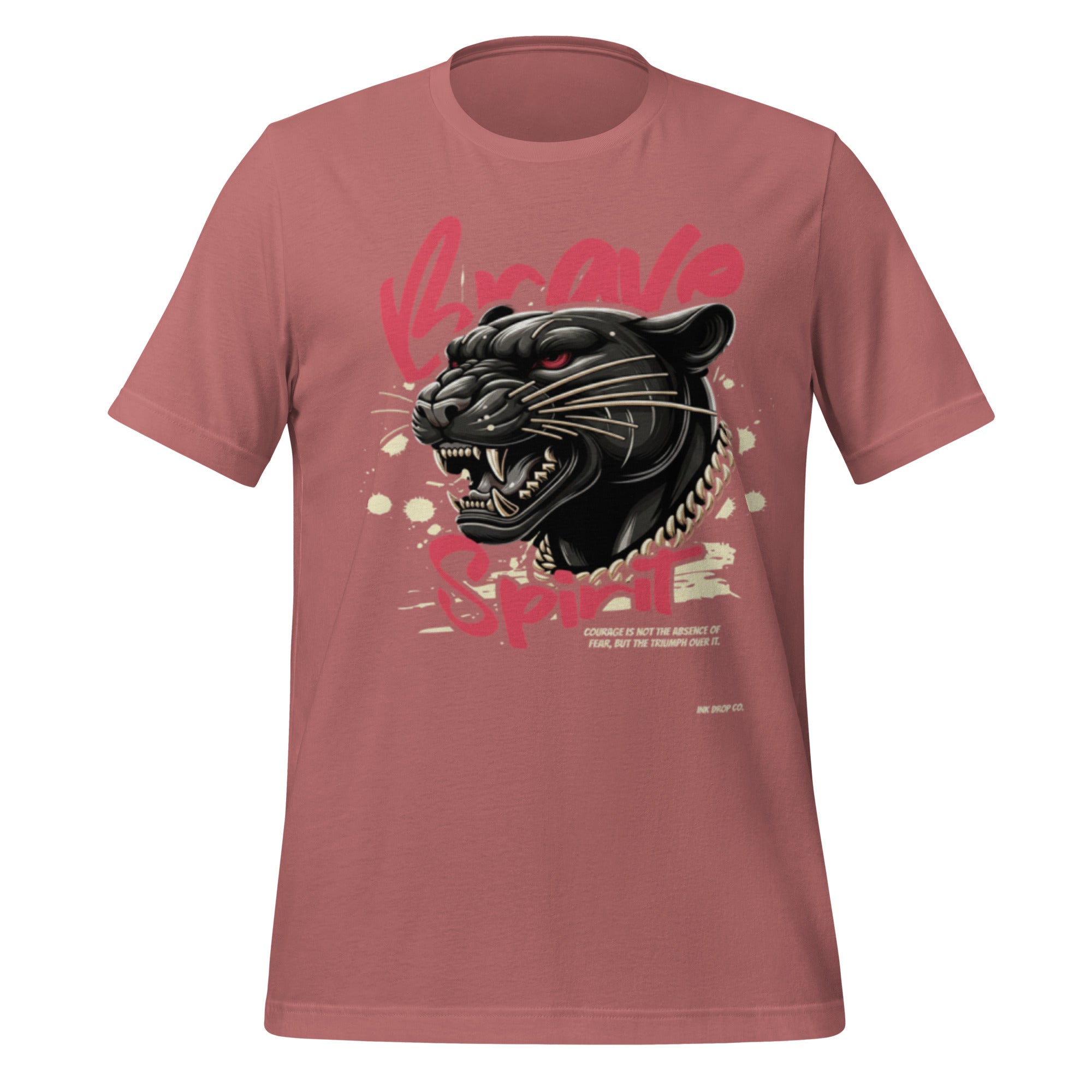 Mauve unisex graphic T-shirt, big cat head with pink “Brave Spirit”