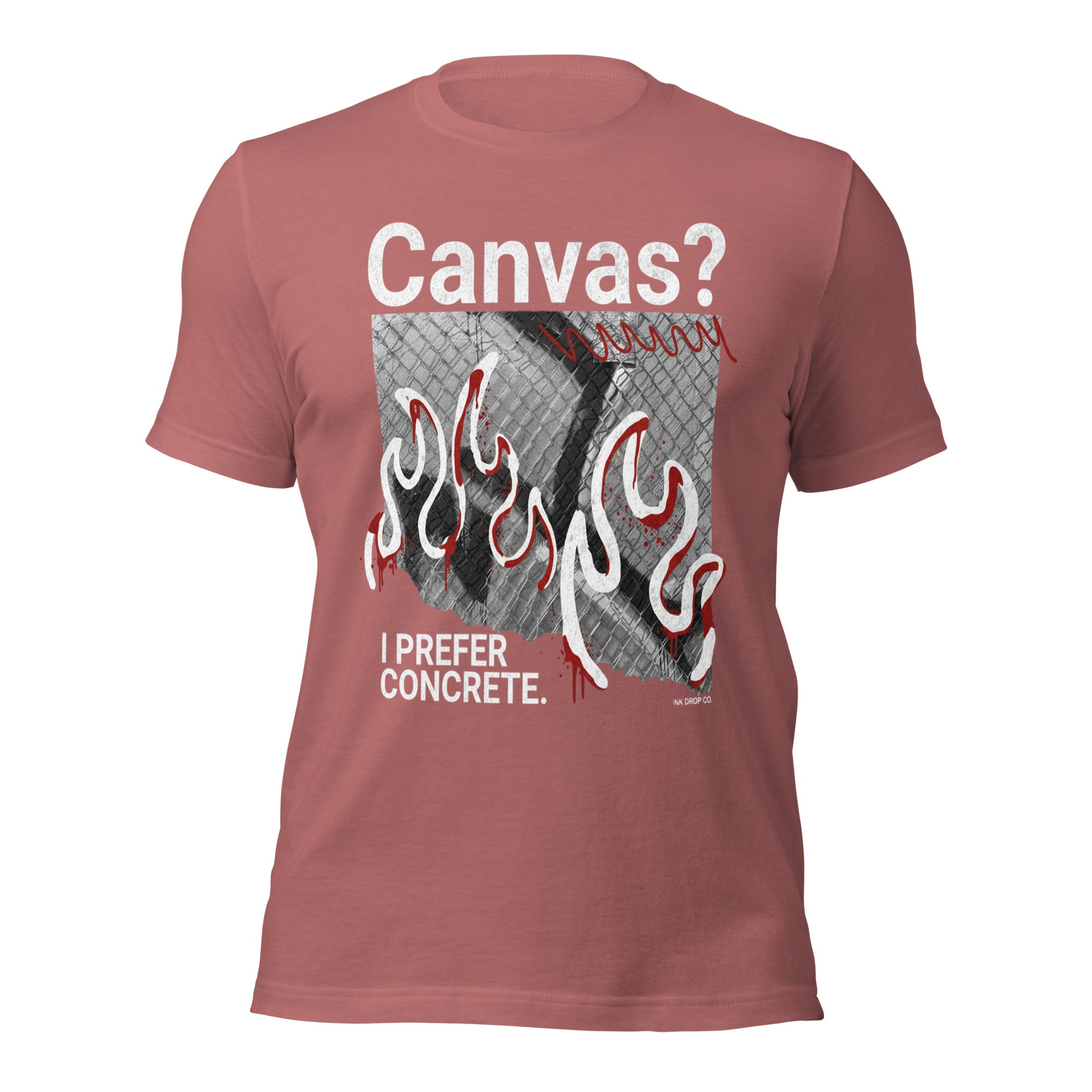 Women's graphic t-shirt, mauve, front flame graphic with 'Canvas?' text