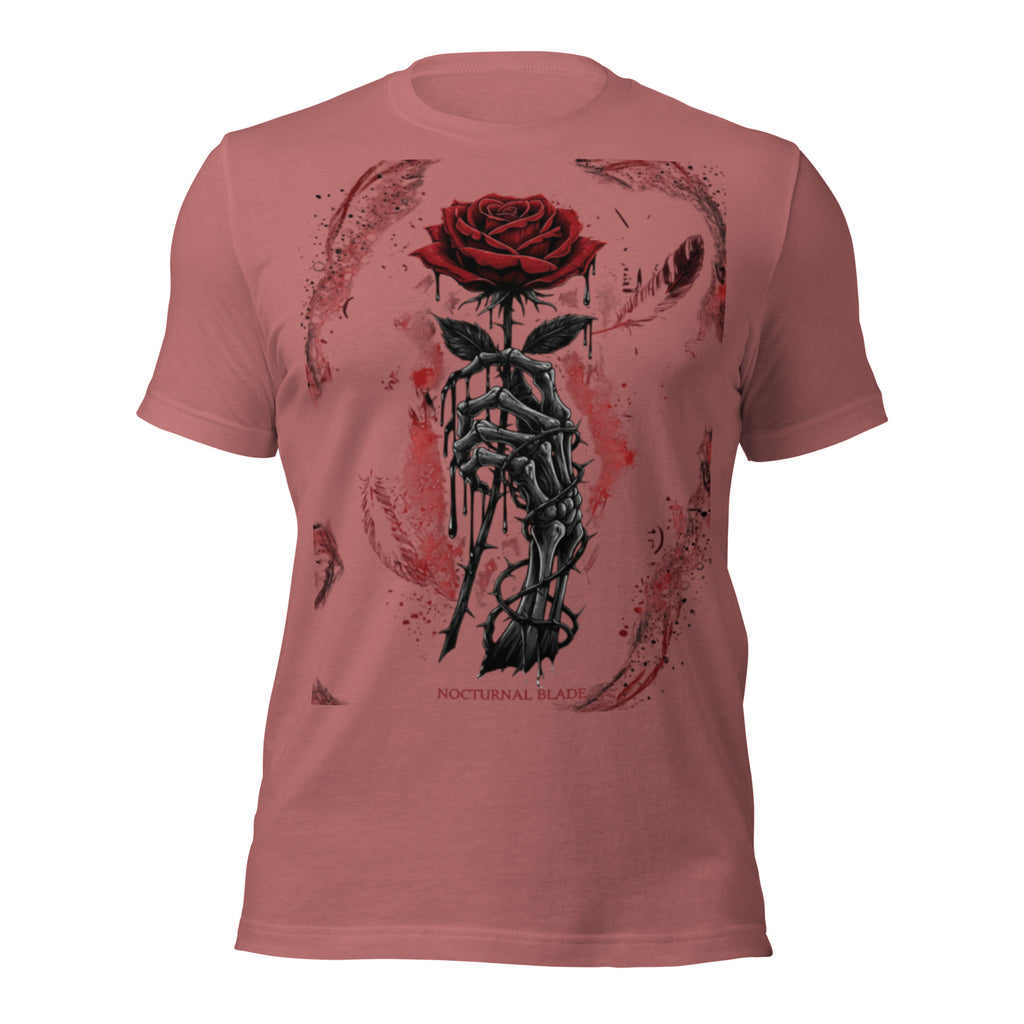 Mauve unisex graphic T-shirt with red rose and black chain-style artwork on front