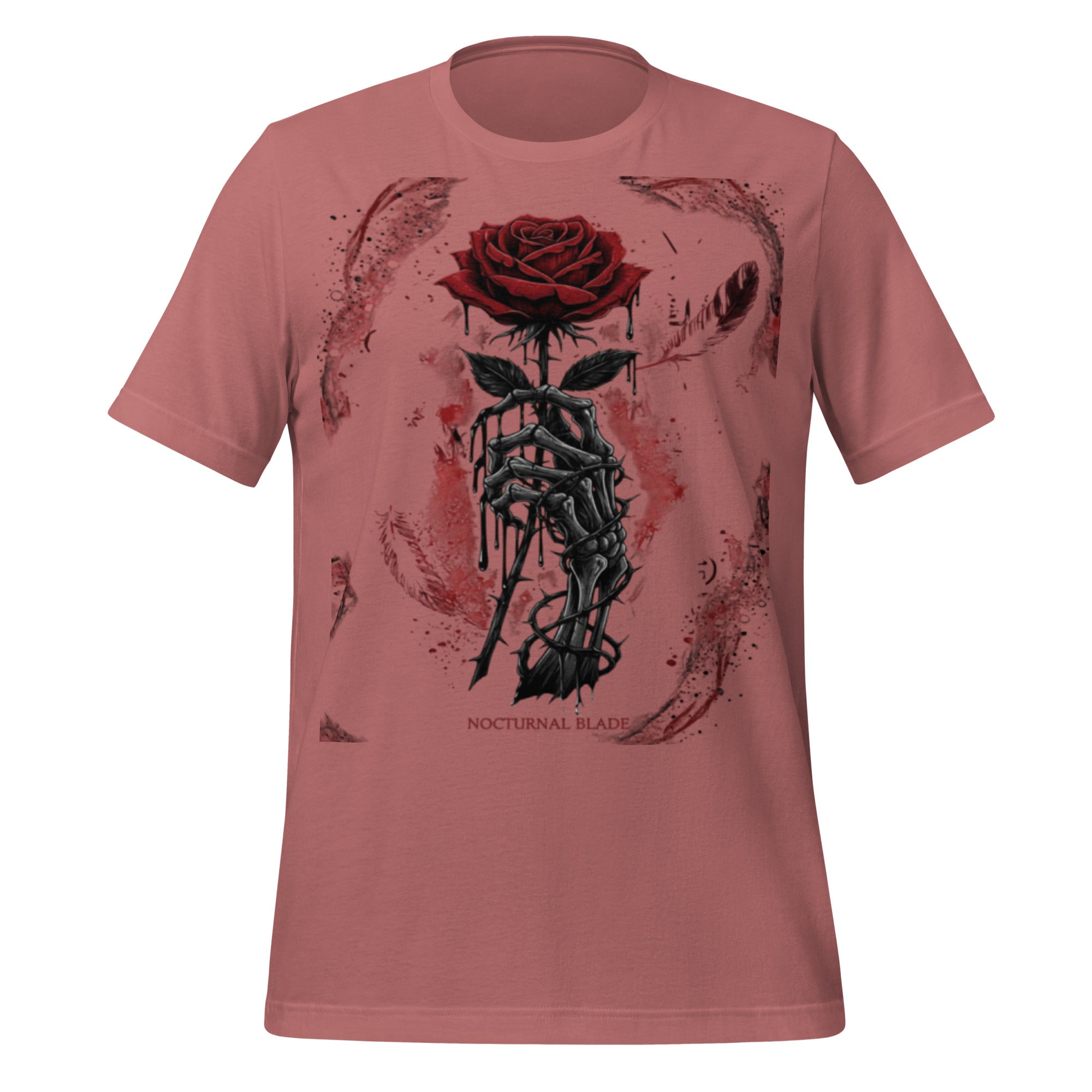 Mauve unisex graphic T-shirt with red rose and dark skeleton sword art on front