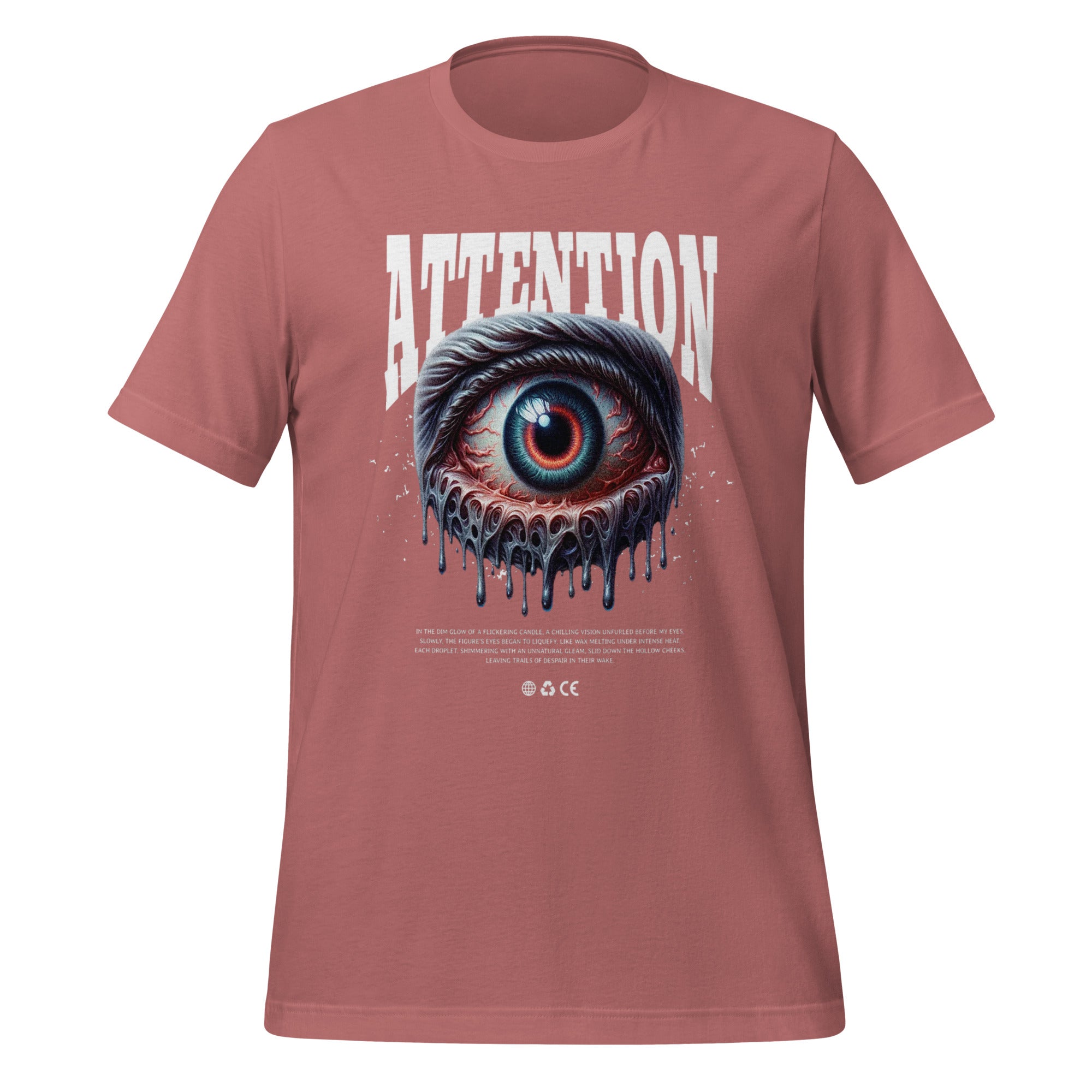 Unisex graphic T-shirt in mauve with large eye artwork and white “ATTENTION” text front
