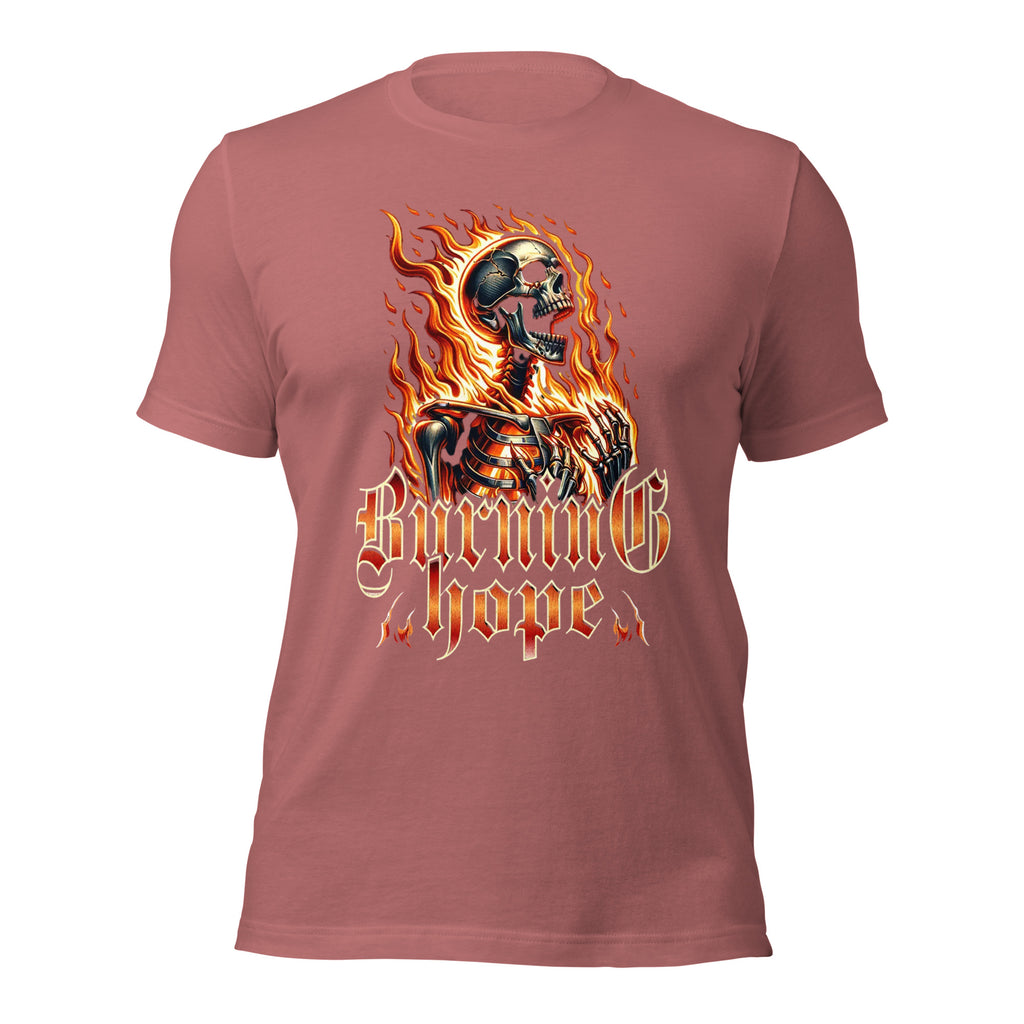 Unisex graphic T-shirt in mauve with flame skull print on the front