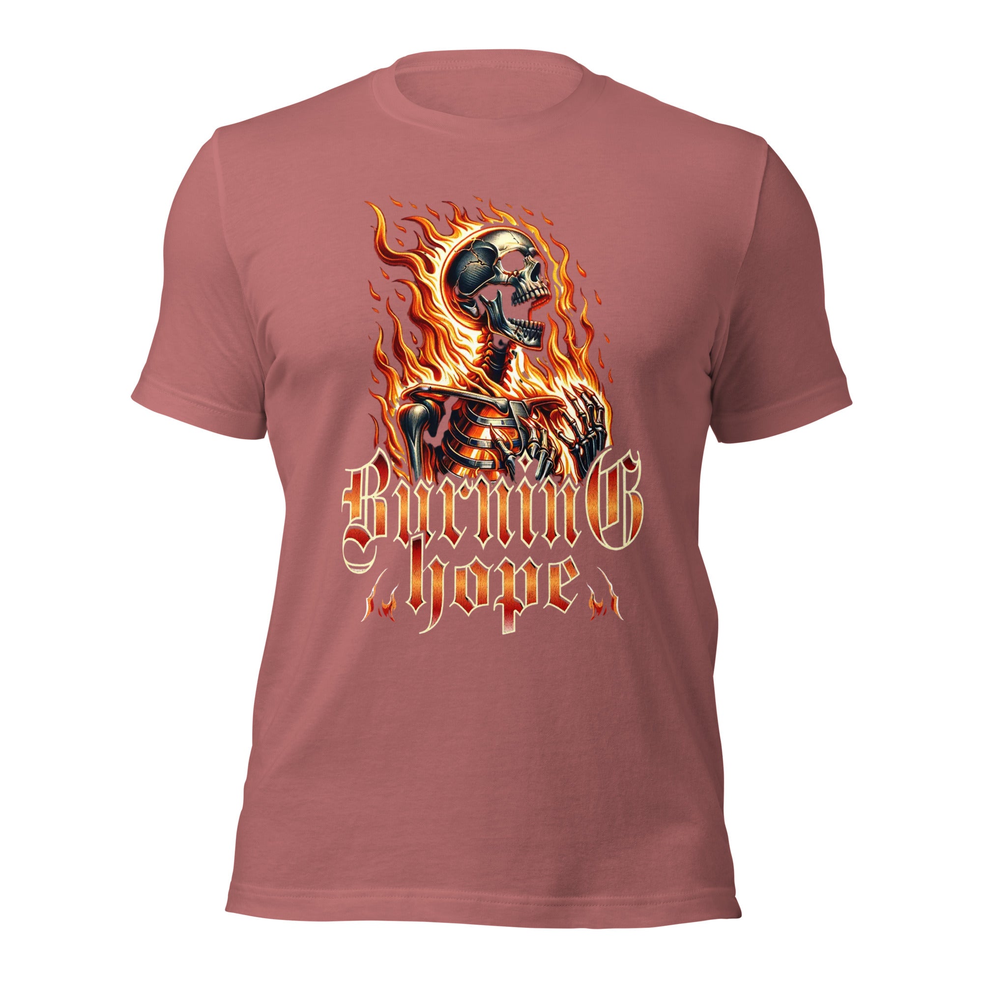 Unisex graphic T-shirt in mauve with flame skull print on the front