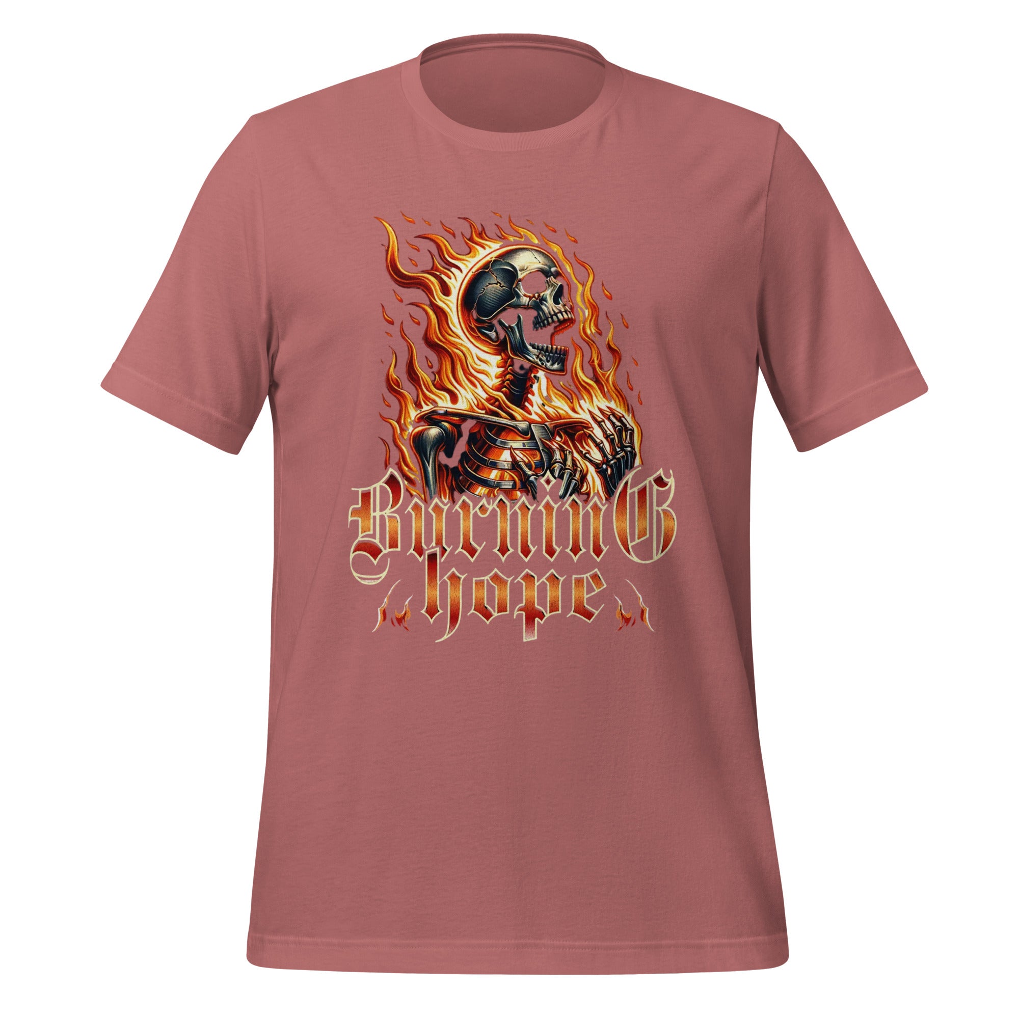 Mauve unisex graphic T-shirt with flaming skull and Burning Hope text, crew neck.