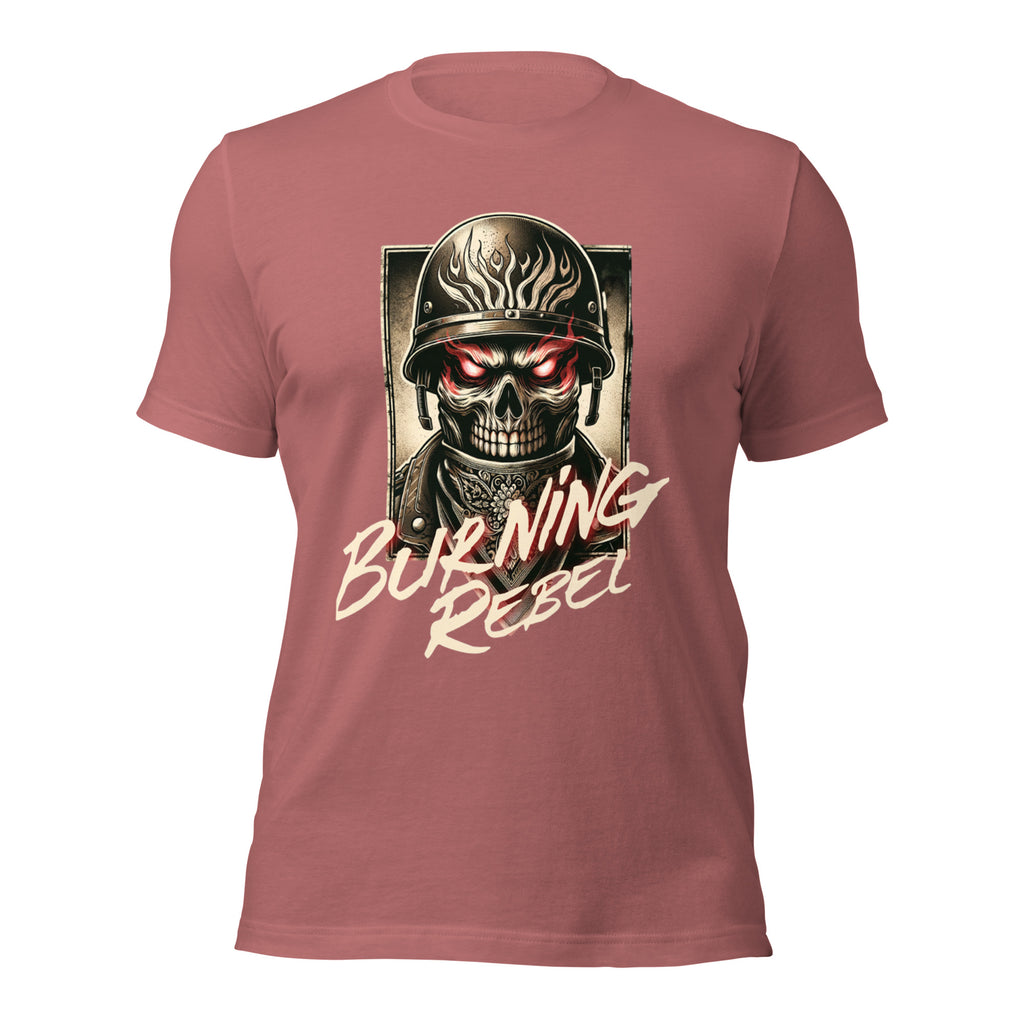 Unisex graphic T-shirt, mauve, skull-in-helmet front graphic with Burning Rebel text