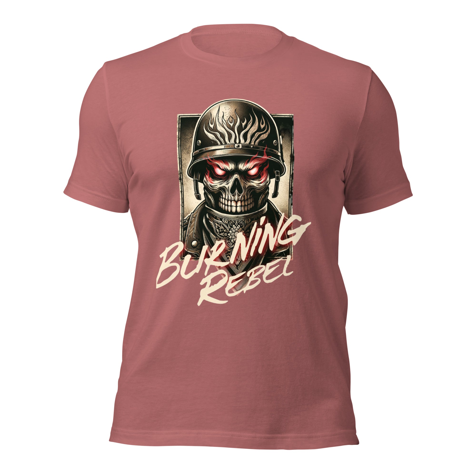Unisex graphic T-shirt, mauve, skull-in-helmet front graphic with Burning Rebel text