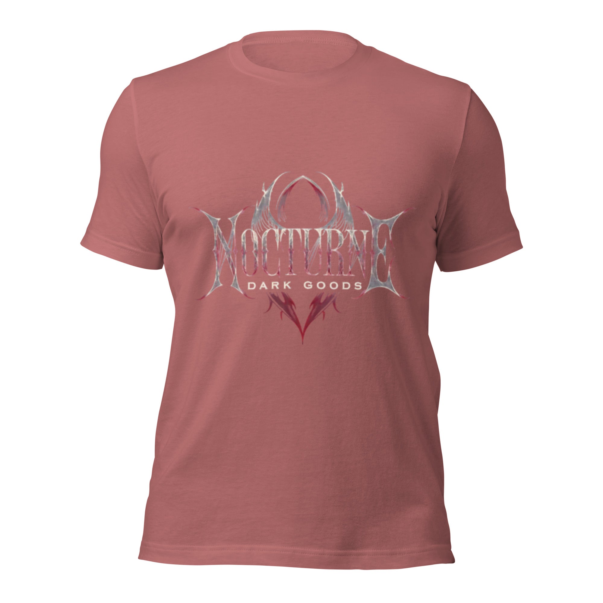 Women's mauve graphic t-shirt with 'Nocturna Dark Goods' chest logo