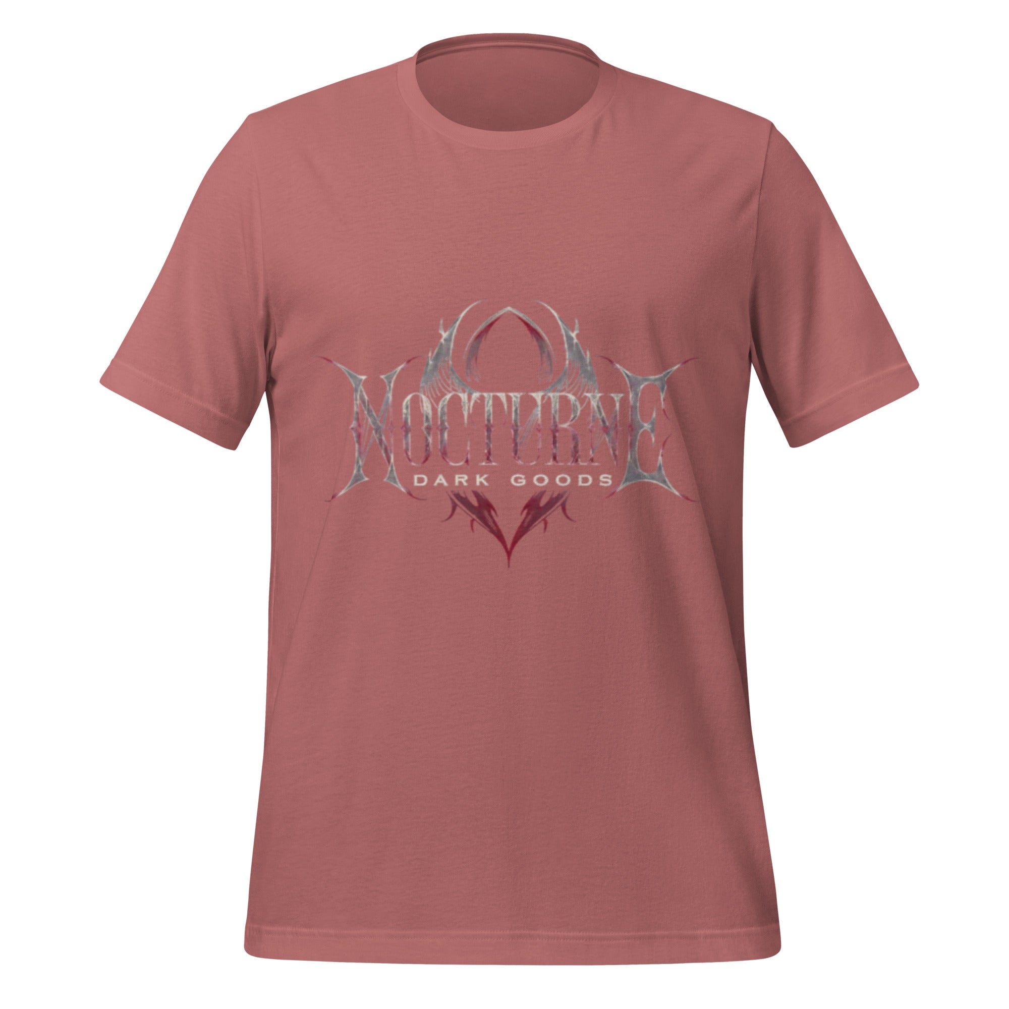 Mauve unisex graphic T-shirt with front occult eye logo in muted pink and gray