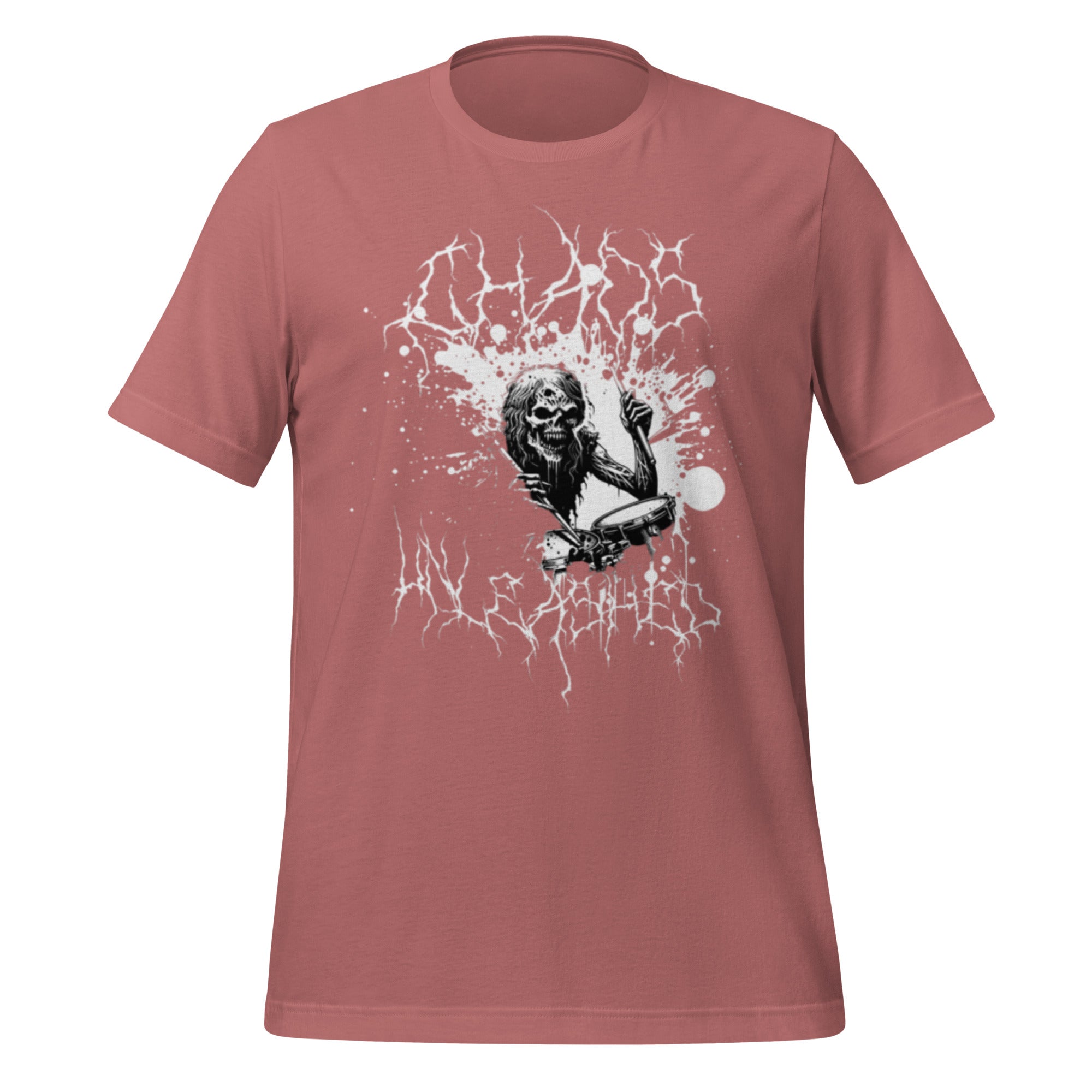 Unisex mauve T-shirt with skull drummer splash graphic on front.