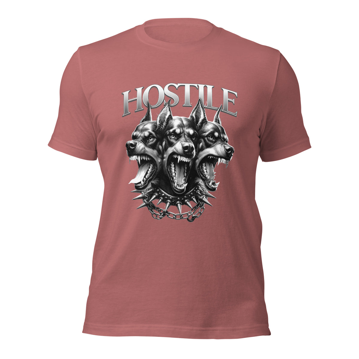 Women's mauve graphic tee, front Hostile dog head logo print