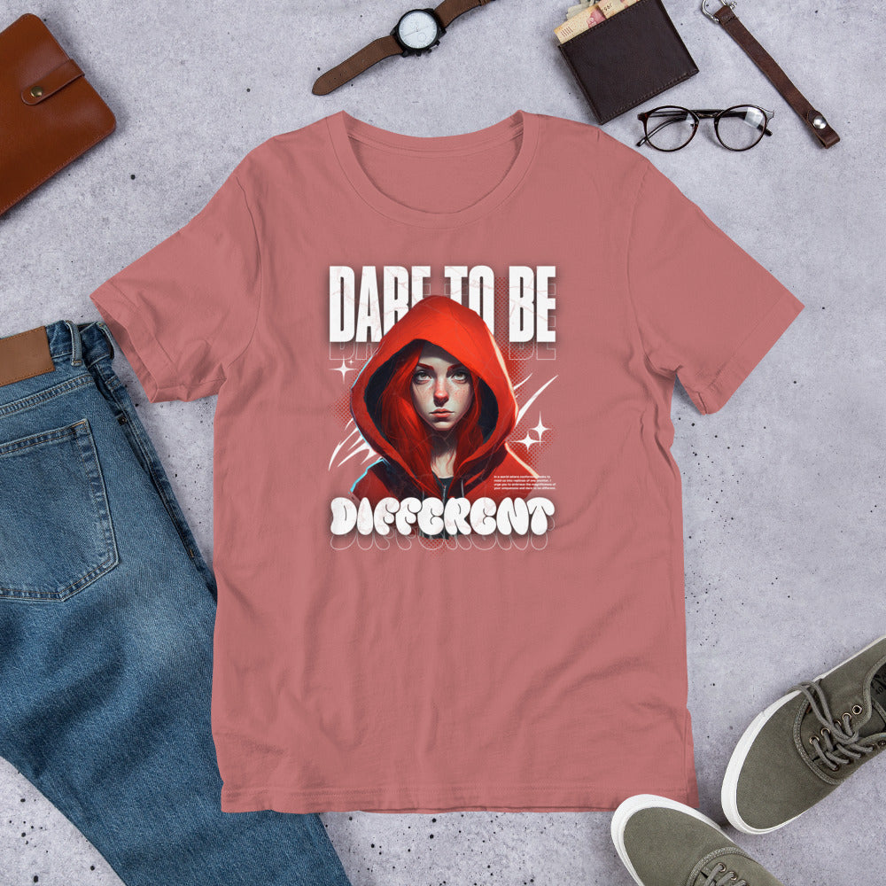 Mauve graphic tee with hooded woman print, crew neck, short sleeves