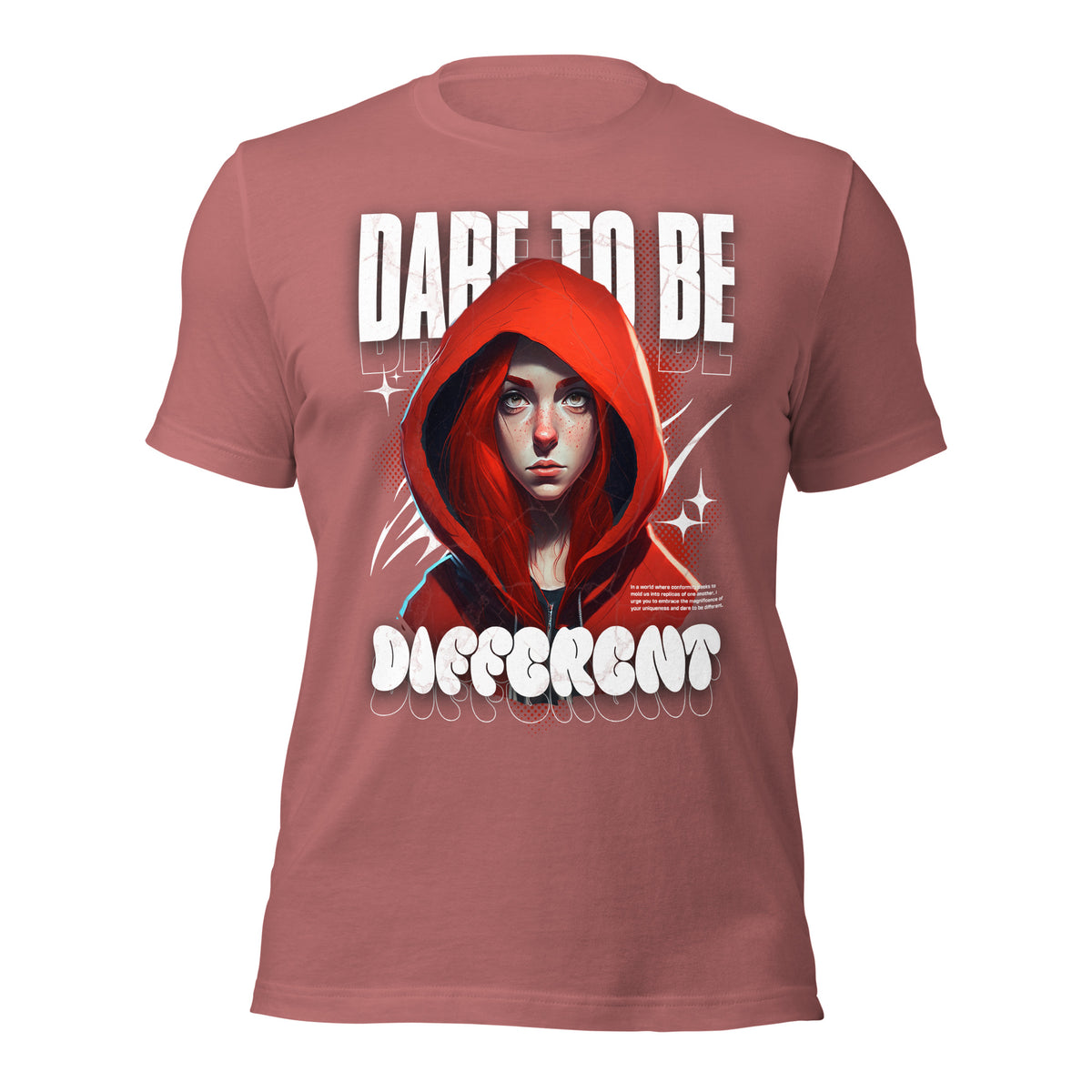 Mauve graphic tee with red-hooded portrait front print