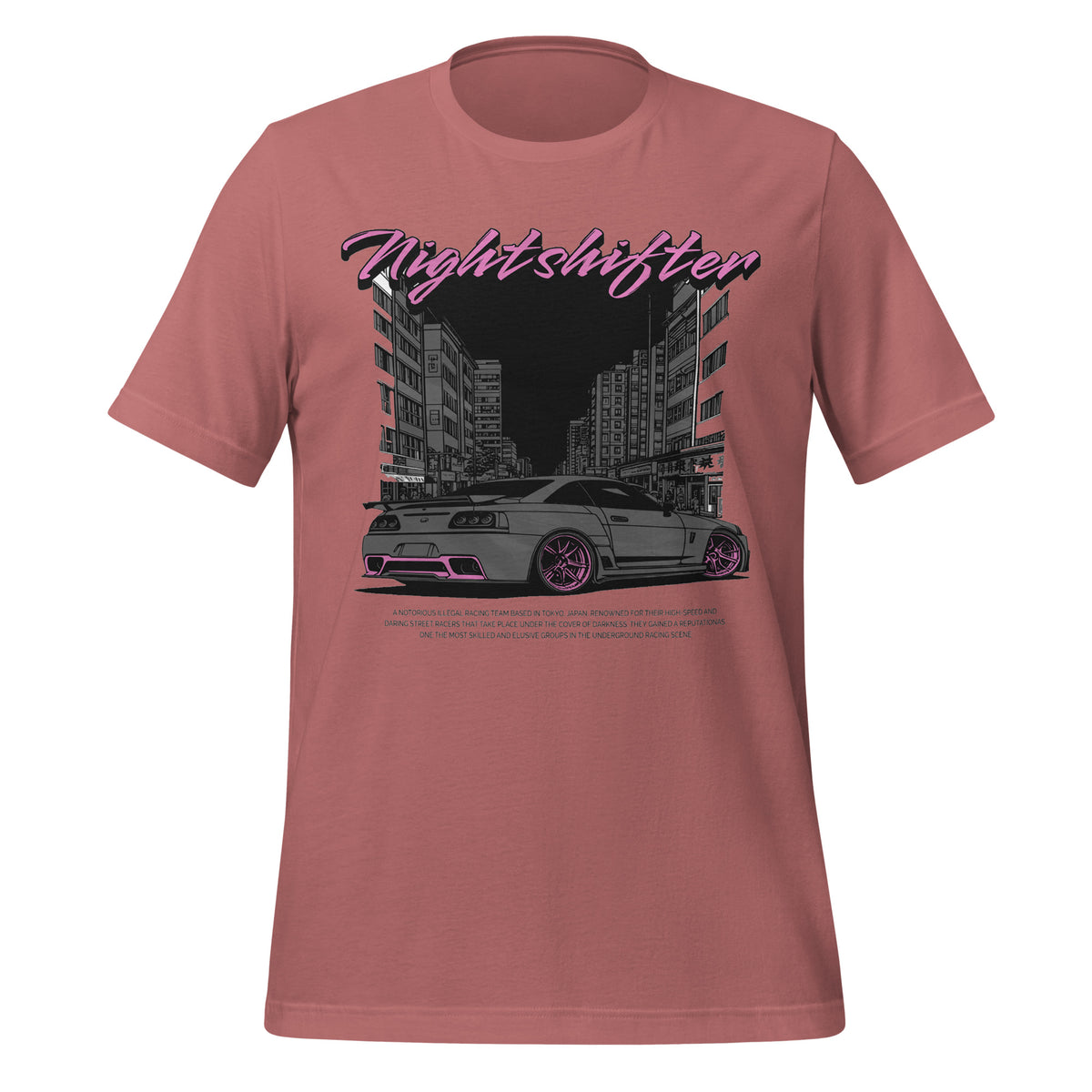 Mauve graphic T-shirt with Nightshifter logo and city car print on the front