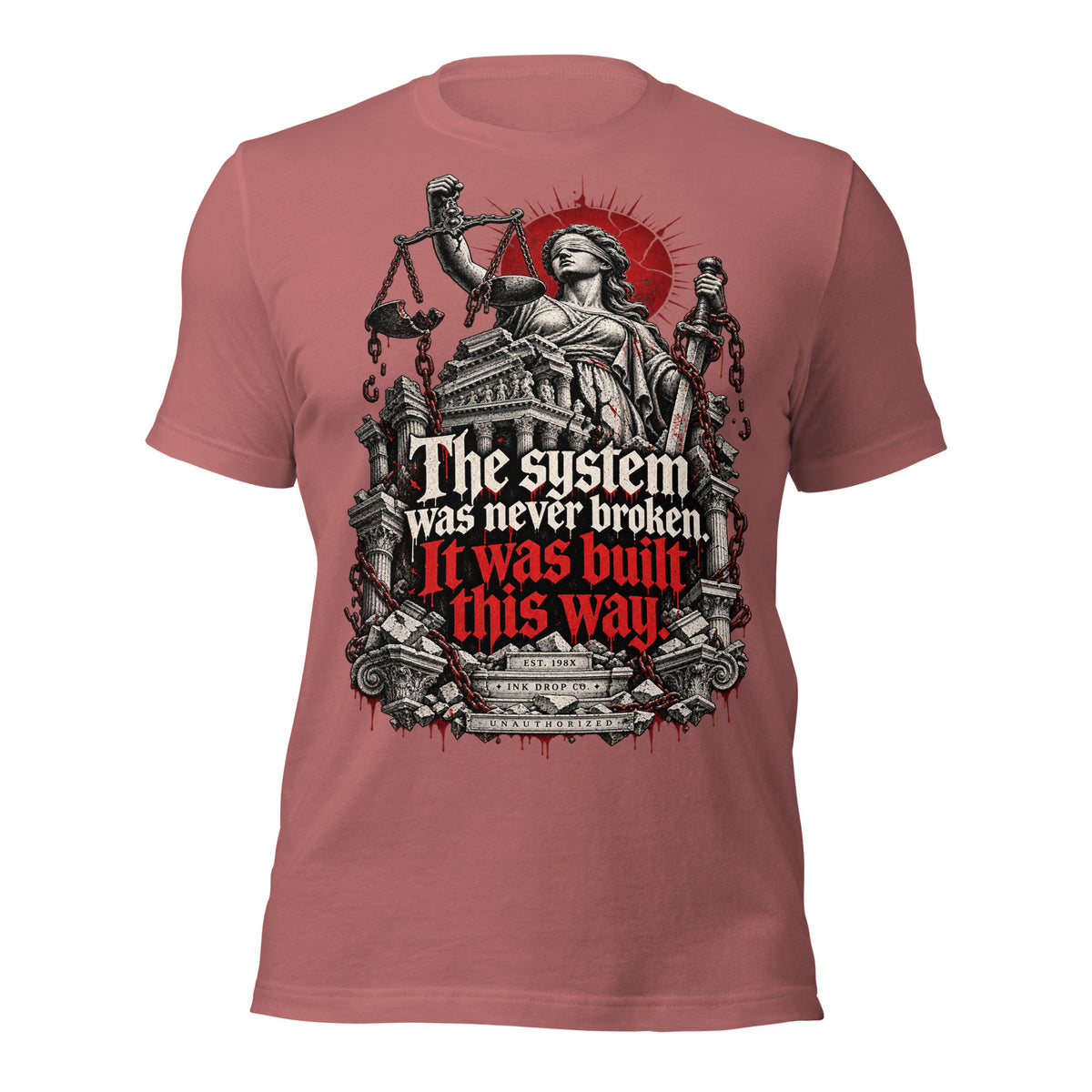 Women's mauve graphic justice tee, front view with Lady Justice scales and red text