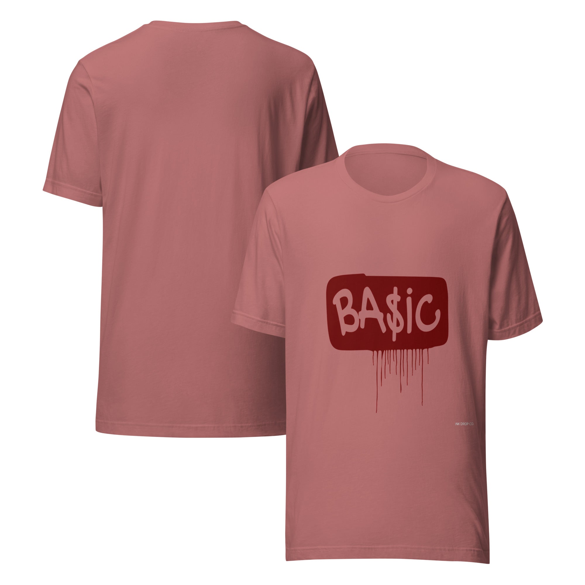 Women's graphic t-shirt, mauve with red BA$IC logo print on front