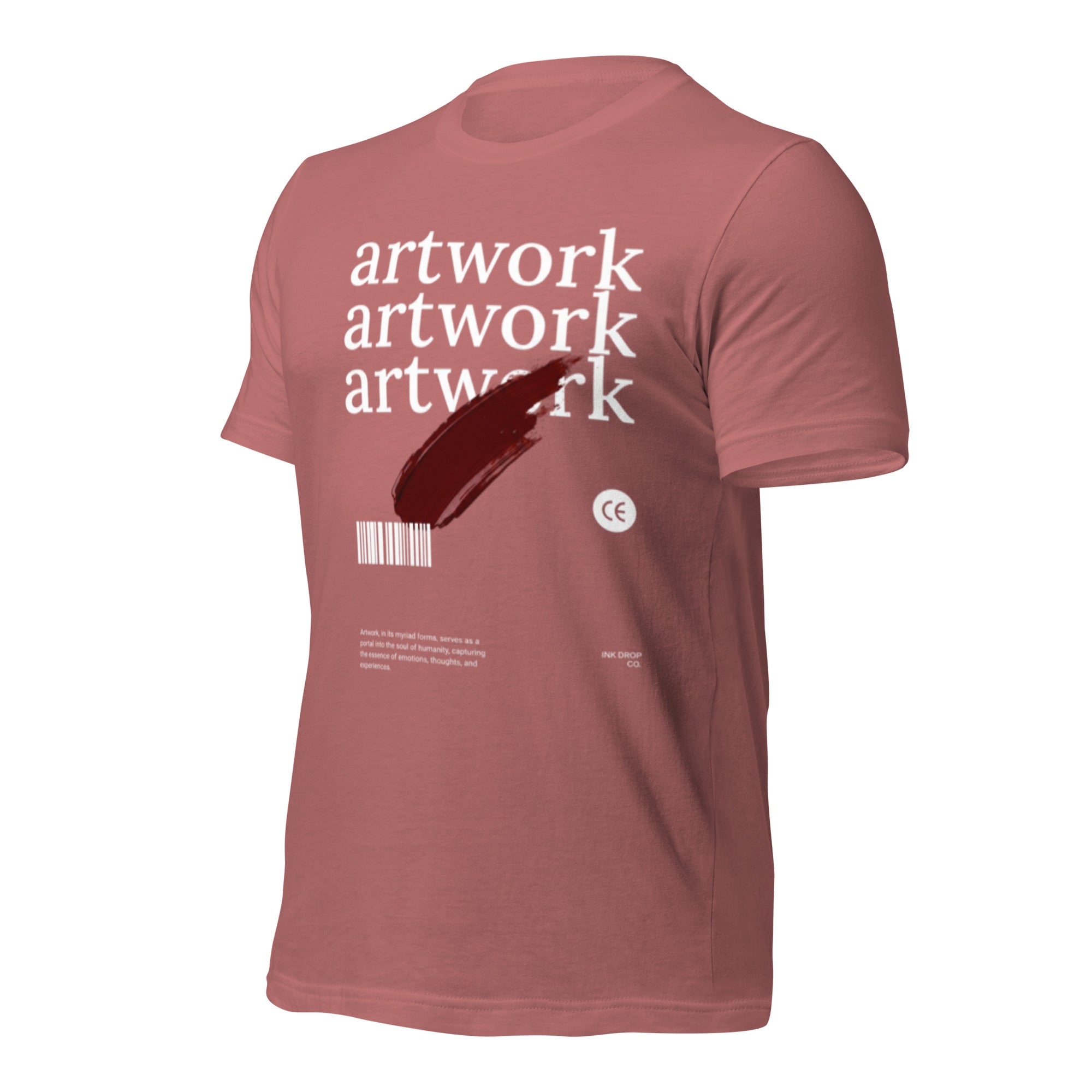 Women's graphic T-shirt, mauve, back print with artwork text, brush stroke, barcode, CE mark