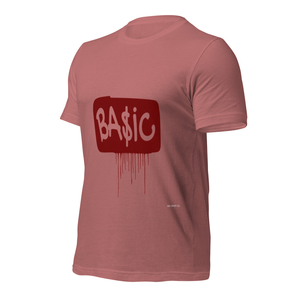 Unisex graphic T-shirt, mauve with red BA$IC logo graphic on front