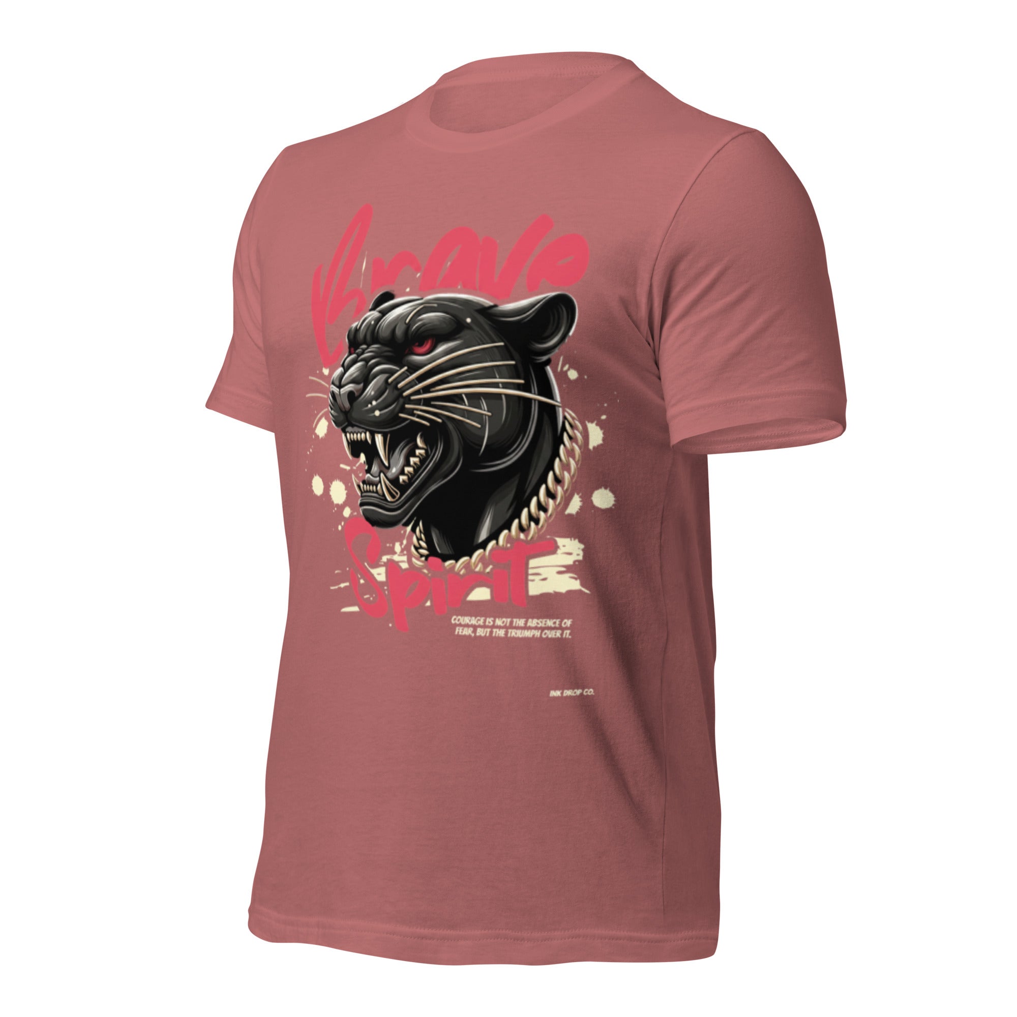 Mauve unisex graphic T-shirt with panther face and chain graphic on back