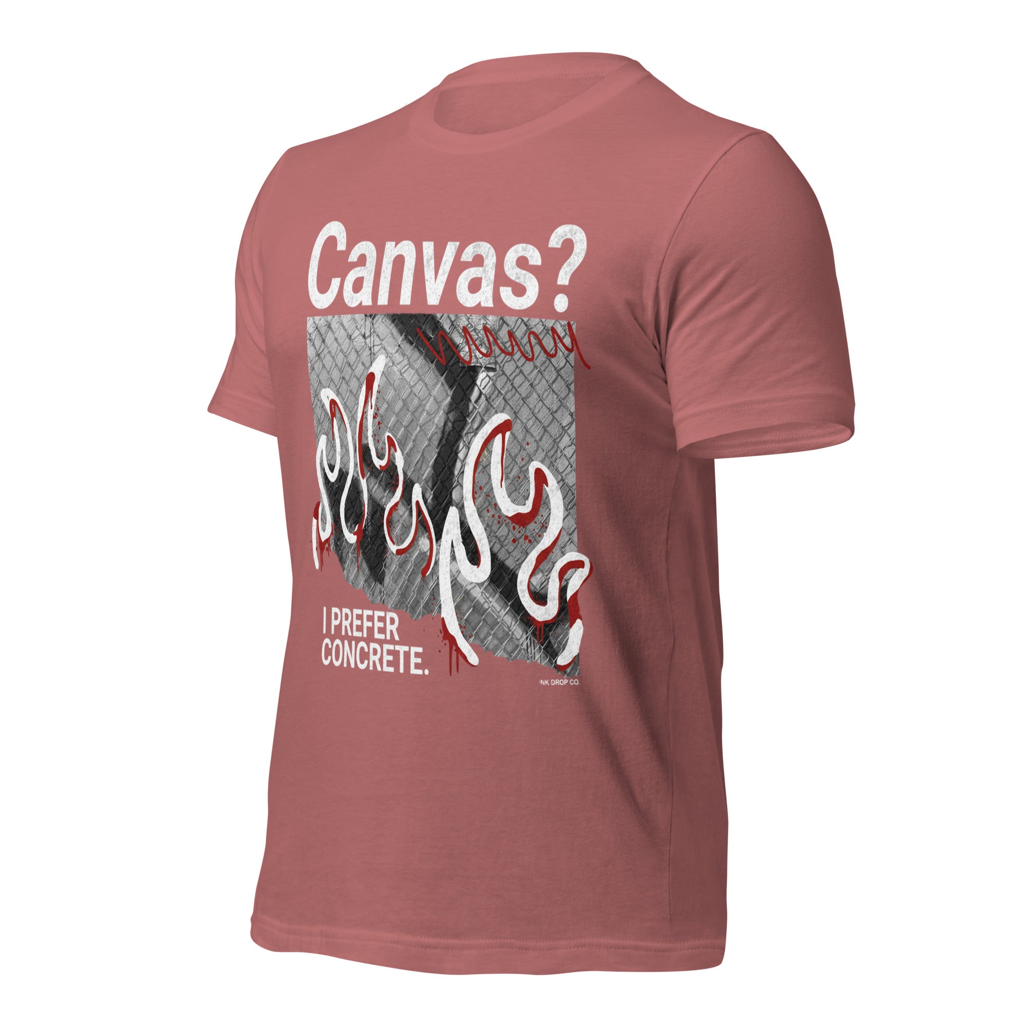 Women's graphic t-shirt, mauve, front flame graphic with 'Canvas?' text