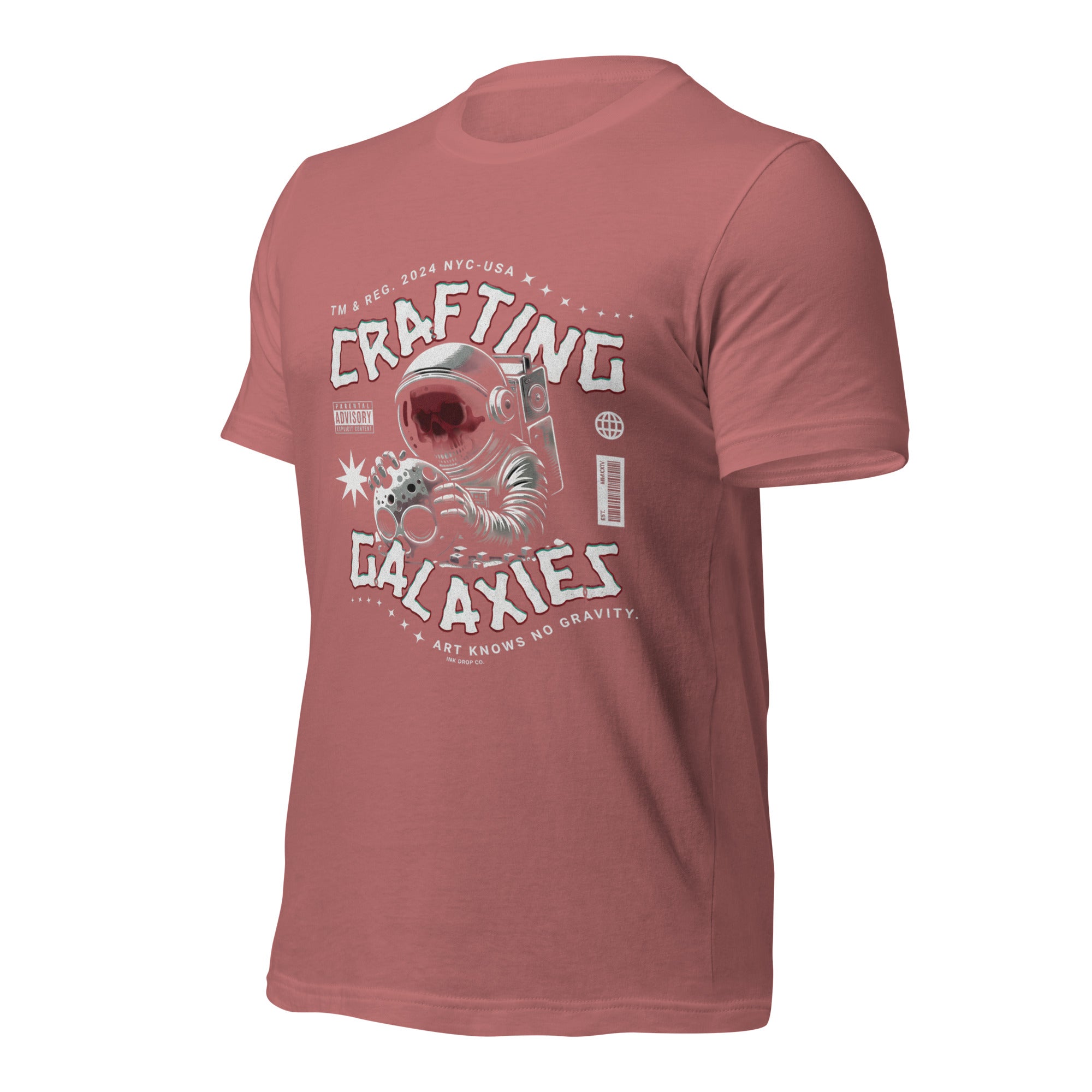Women's mauve graphic t-shirt with space astronaut “Crafting Galaxies” print