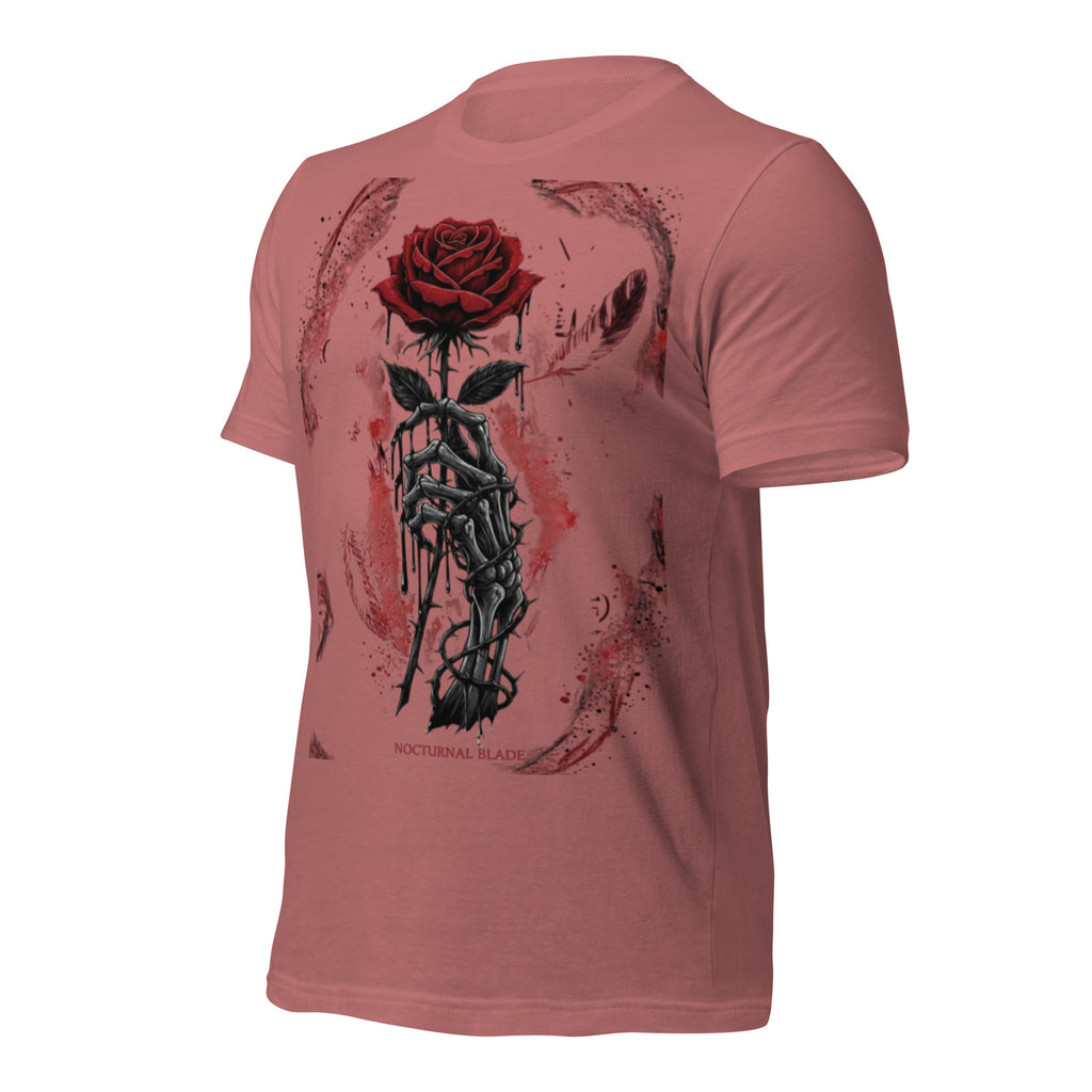 Mauve unisex graphic T-shirt with red rose and black chain-style artwork on back