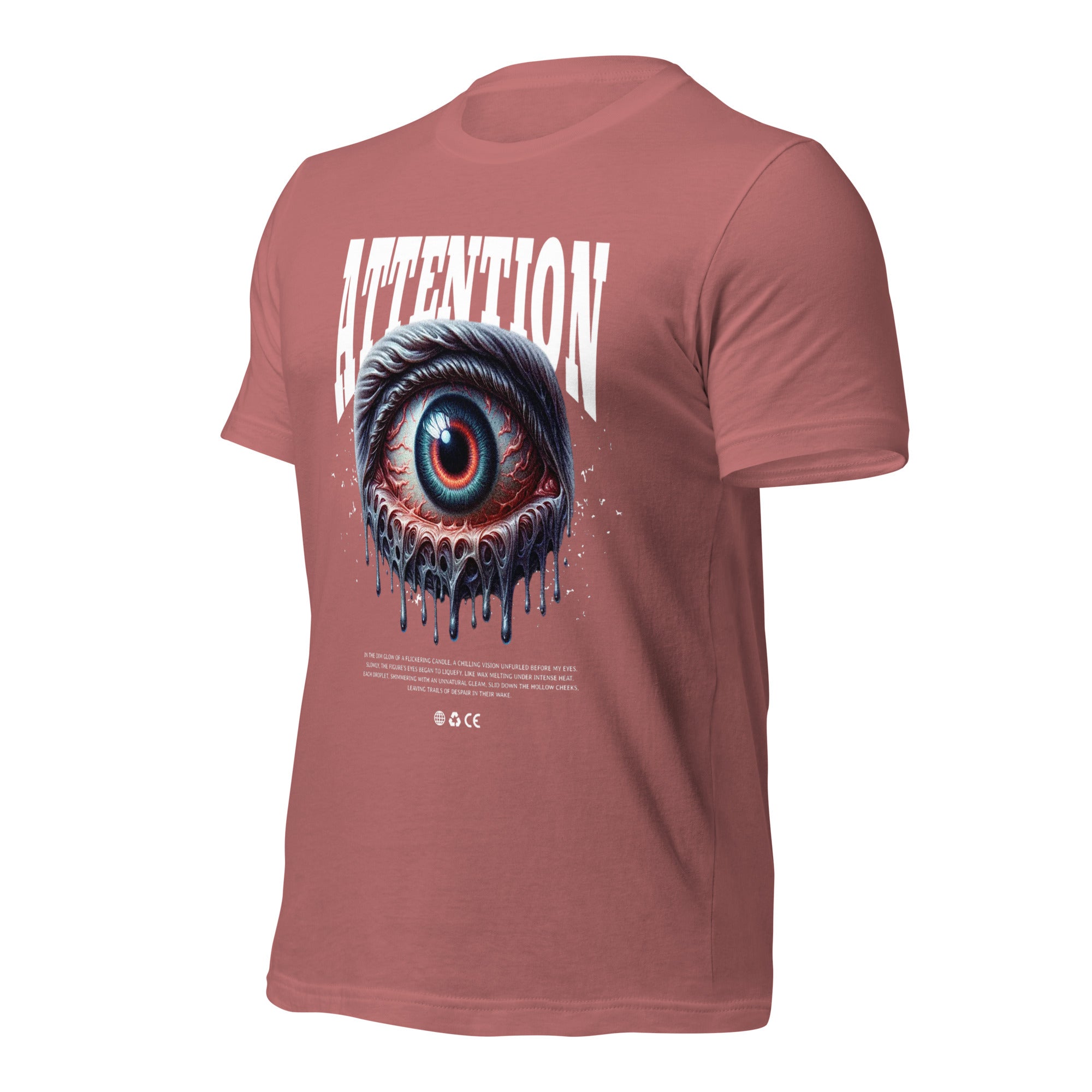 Unisex graphic T-shirt, mauve, front eye graphic with dripping details and ATTENTION text