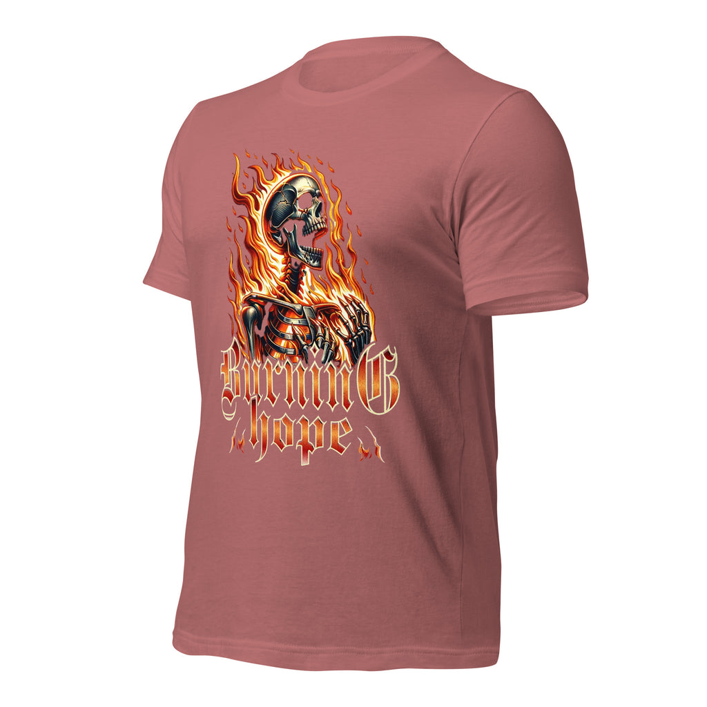 Unisex graphic T-shirt in mauve with flame skull print on the back