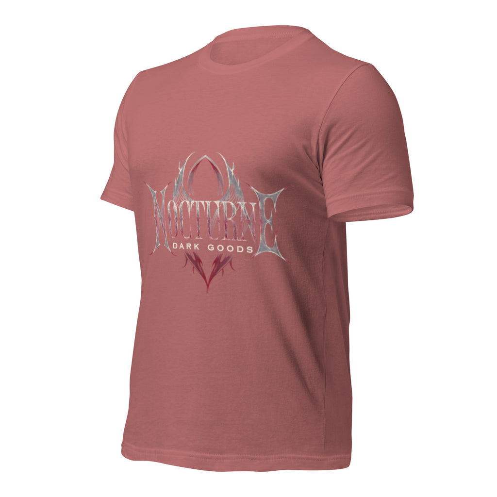 Women's mauve graphic t-shirt, front view with 'Nocturna Dark Goods' chest logo
