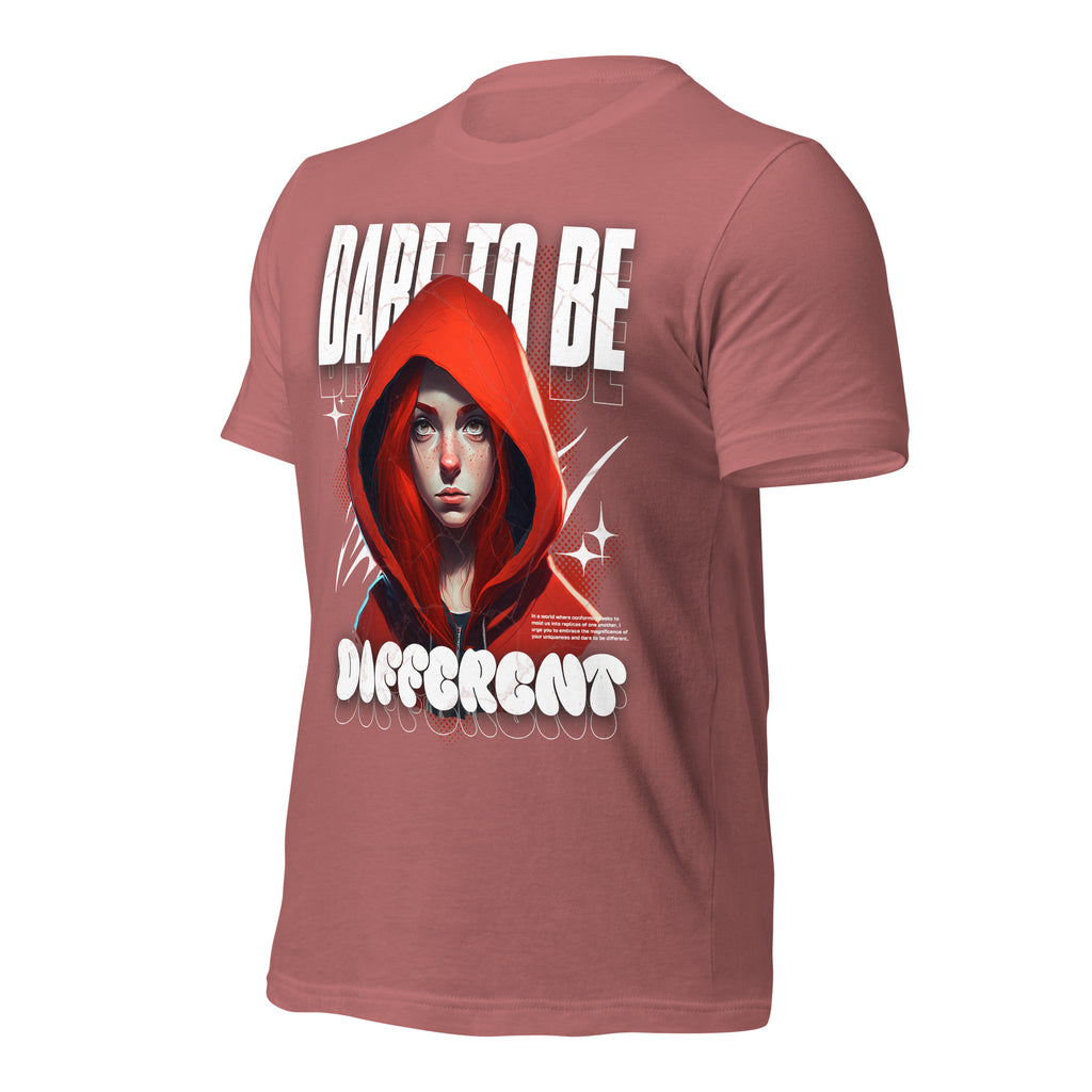 Mauve graphic tee with hooded woman print, crew neck, short sleeves