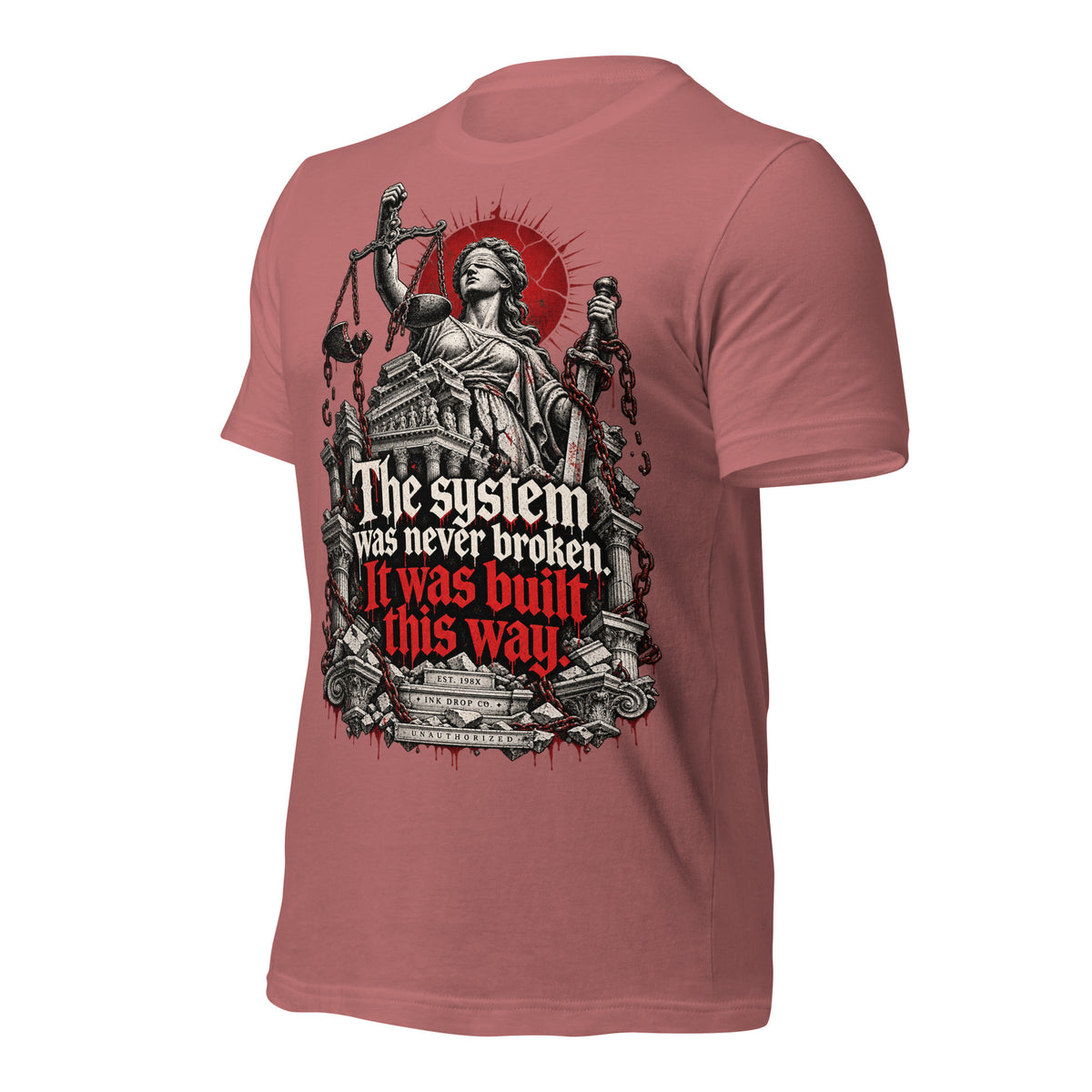Women's mauve graphic justice tee, front view with Lady Justice scales and red lettering