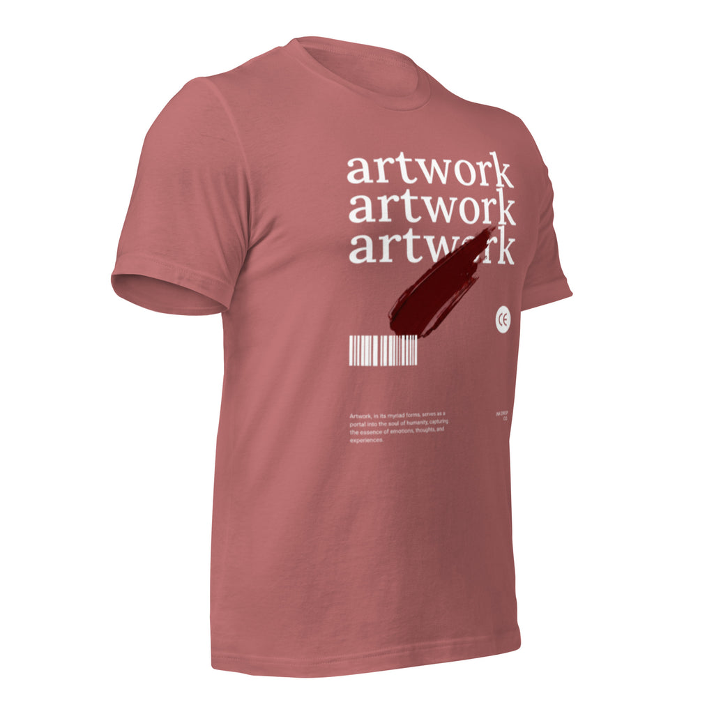 Unisex graphic T-shirt in mauve, angled front with white artwork text and red brushstroke.