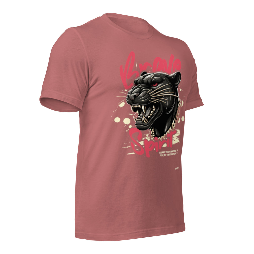 Mauve unisex graphic T-shirt with panther face illustration and red logo print