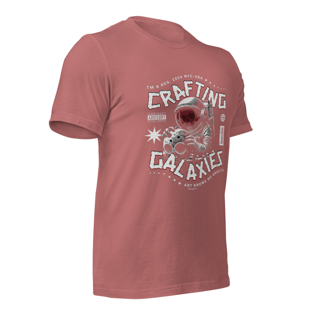 Women’s graphic T-shirt, mauve front with space rocket and galaxy graphic