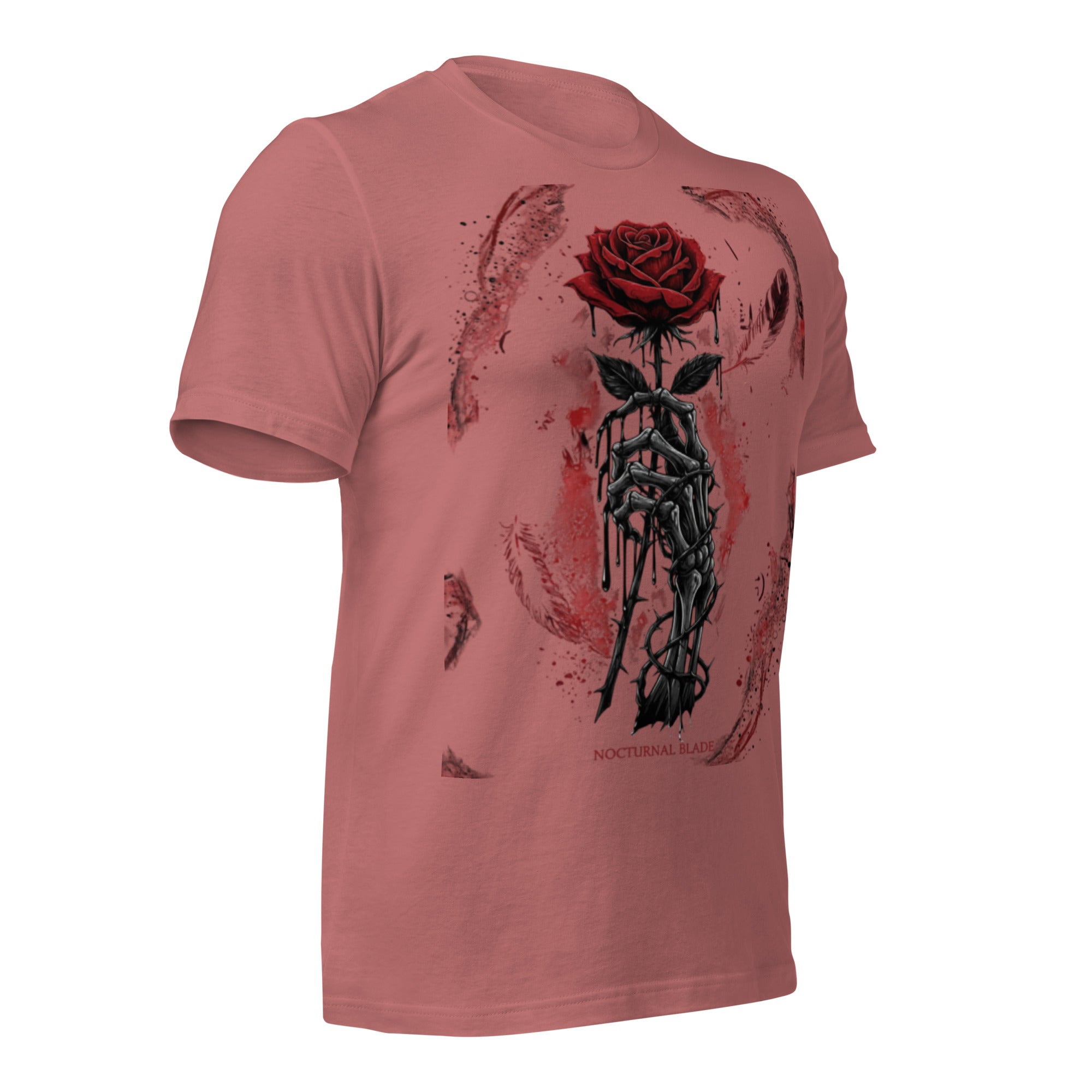 Mauve unisex graphic T-shirt with red rose and black chain-style artwork on front