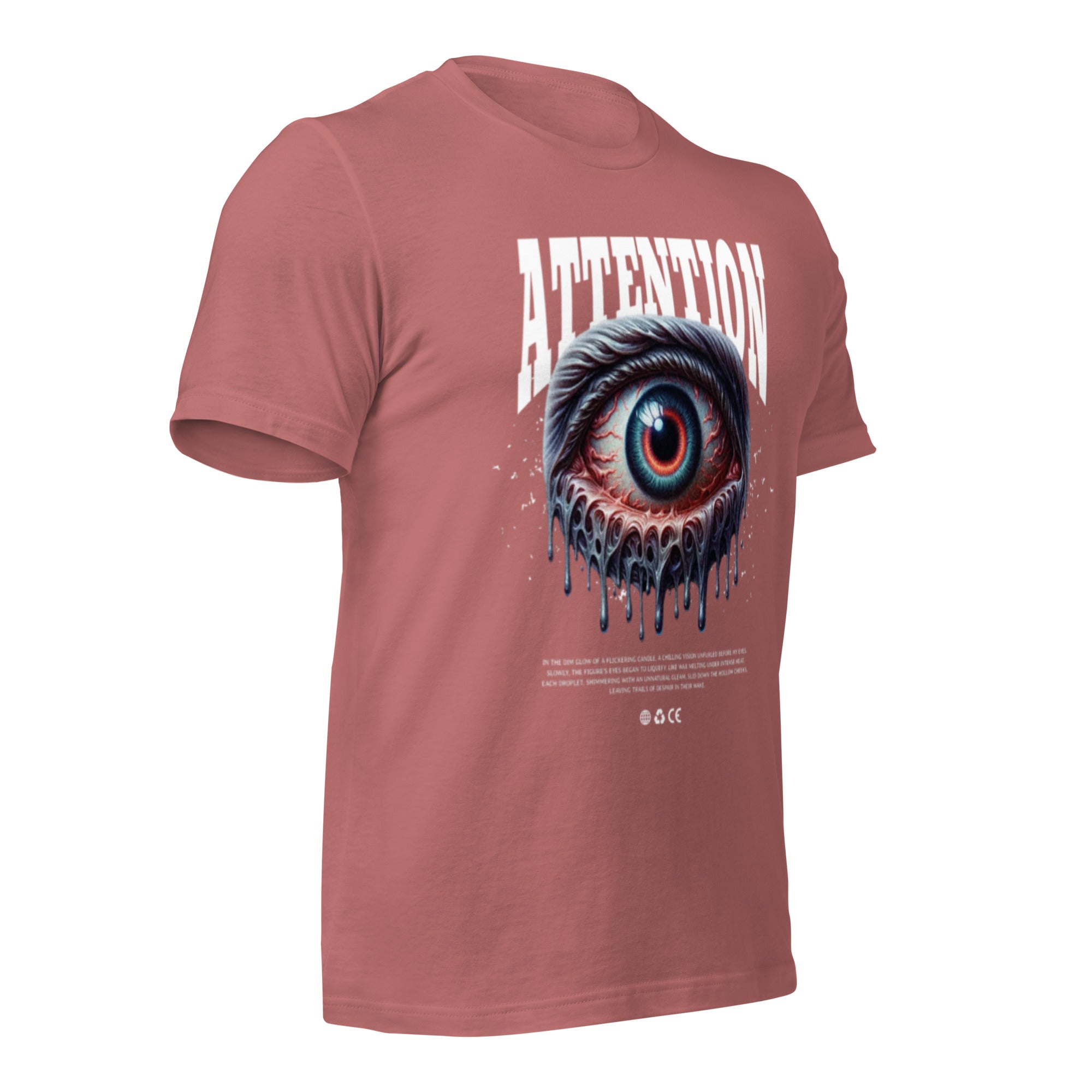 Women's graphic T-shirt in mauve with 'ATTENTION' text and blue eye monster print