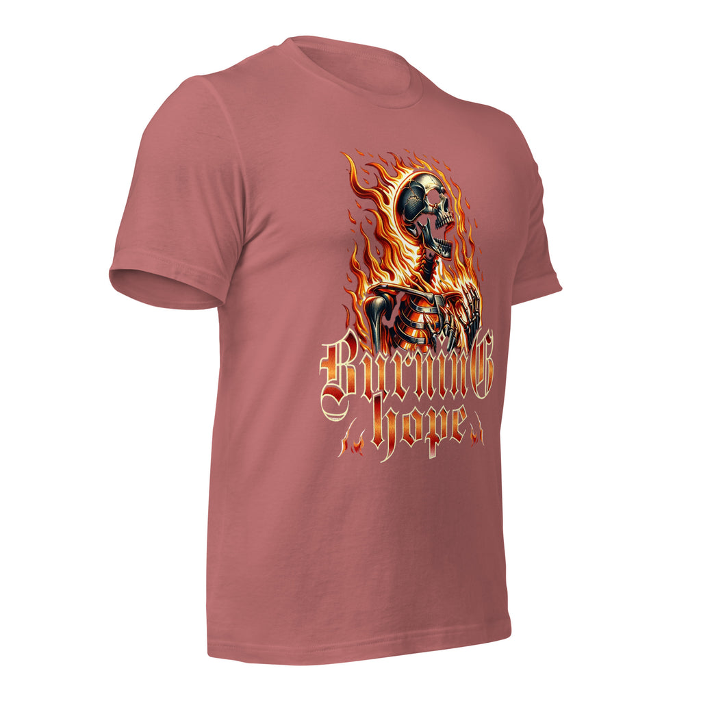 Unisex graphic T-shirt in mauve with flame skull print on the front