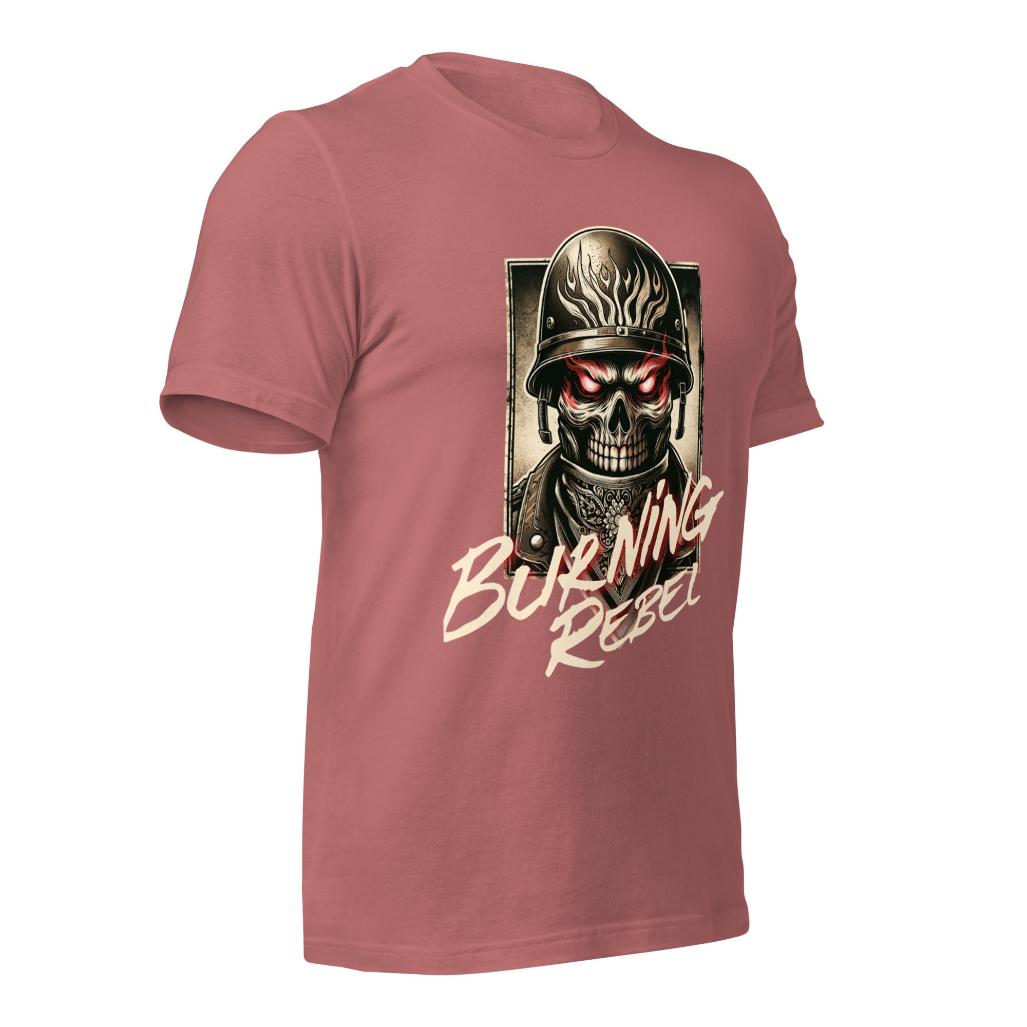 Unisex graphic T-shirt, mauve, skull-in-helmet front graphic