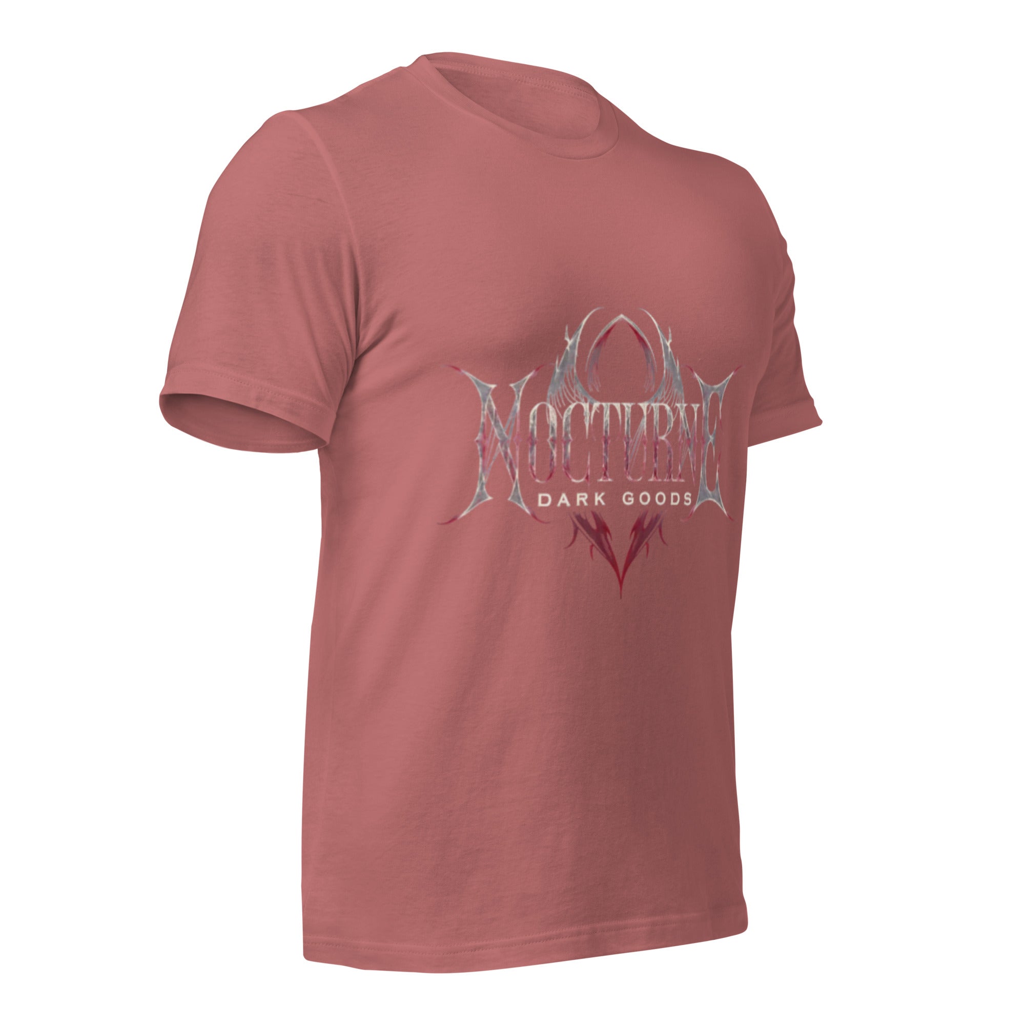 Mauve unisex graphic T-shirt with "Nocturnal Dark Goods" chest front print