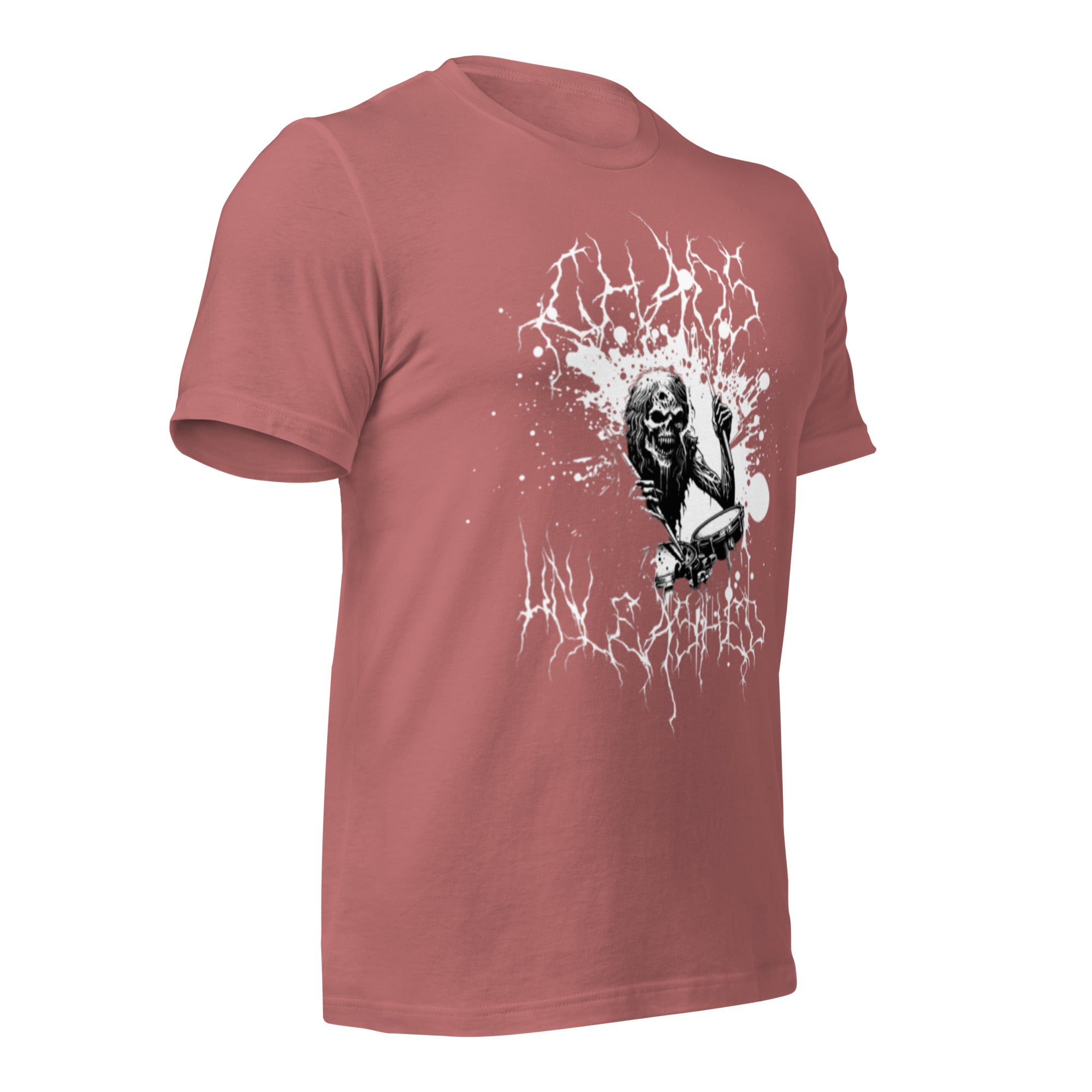 Unisex graphic t-shirt in mauve with white wolf head electric splash graphic