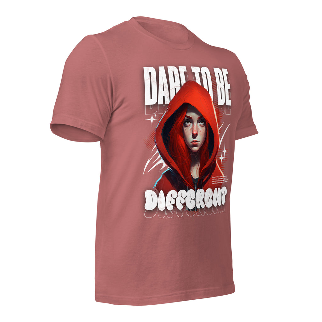 Mauve graphic tee with hooded woman print on back, short sleeves