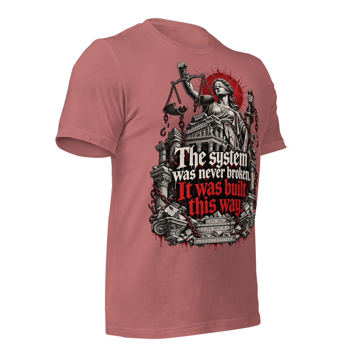 Women's mauve graphic justice tee, front angled view with Lady Justice scales and red text