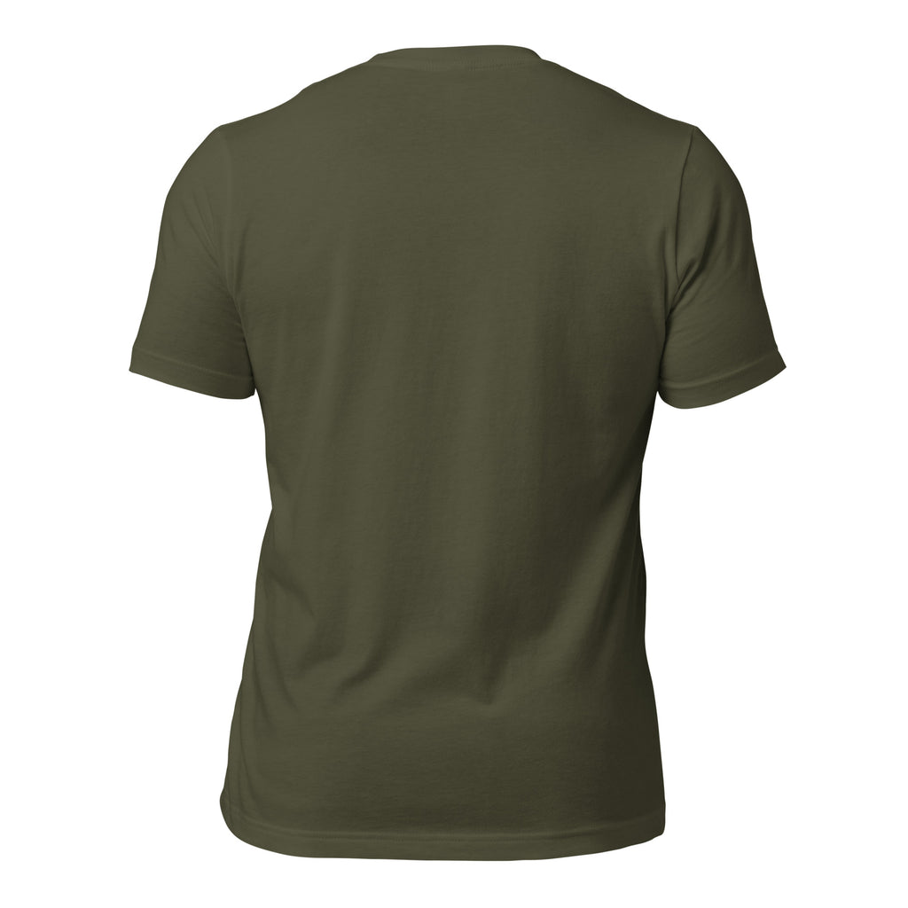 Military green unisex graphic T-shirt, plain back view