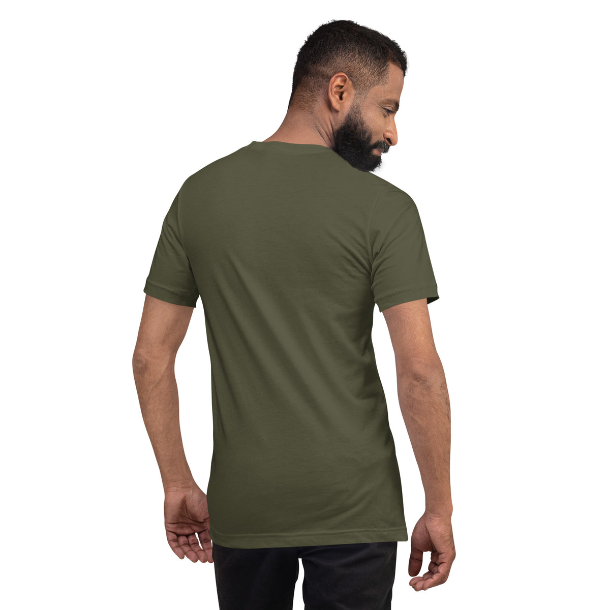 Military green crew-neck graphic tee, short sleeves, back view