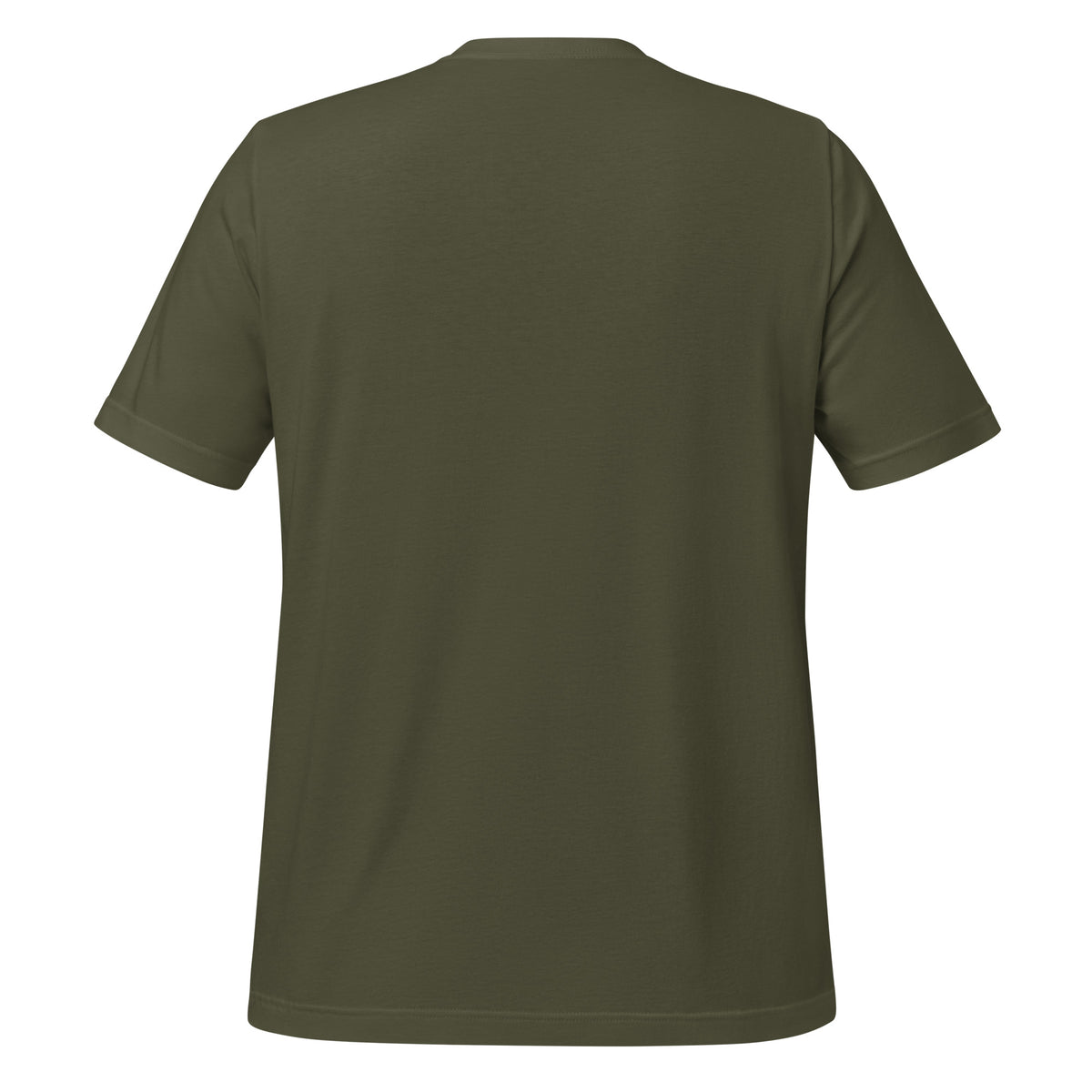 Military green graphic tee back view, plain fabric no print