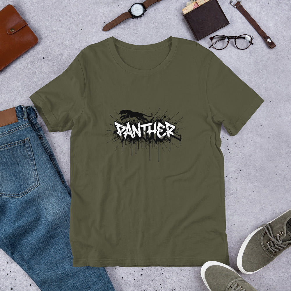 Military green crewneck T-shirt with Panther graphic on the front.