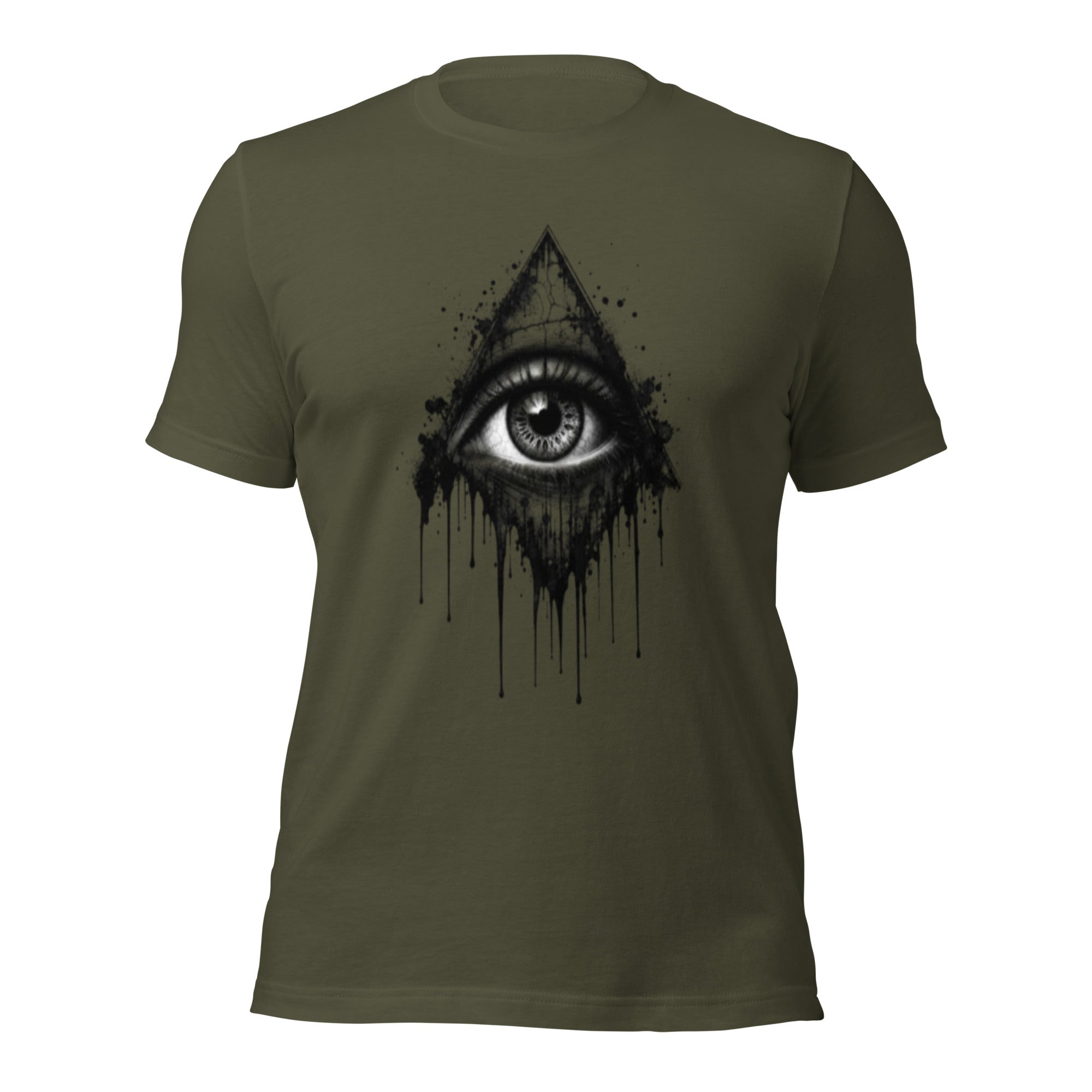 Women's military green T-shirt with black eye drip graphic on the chest