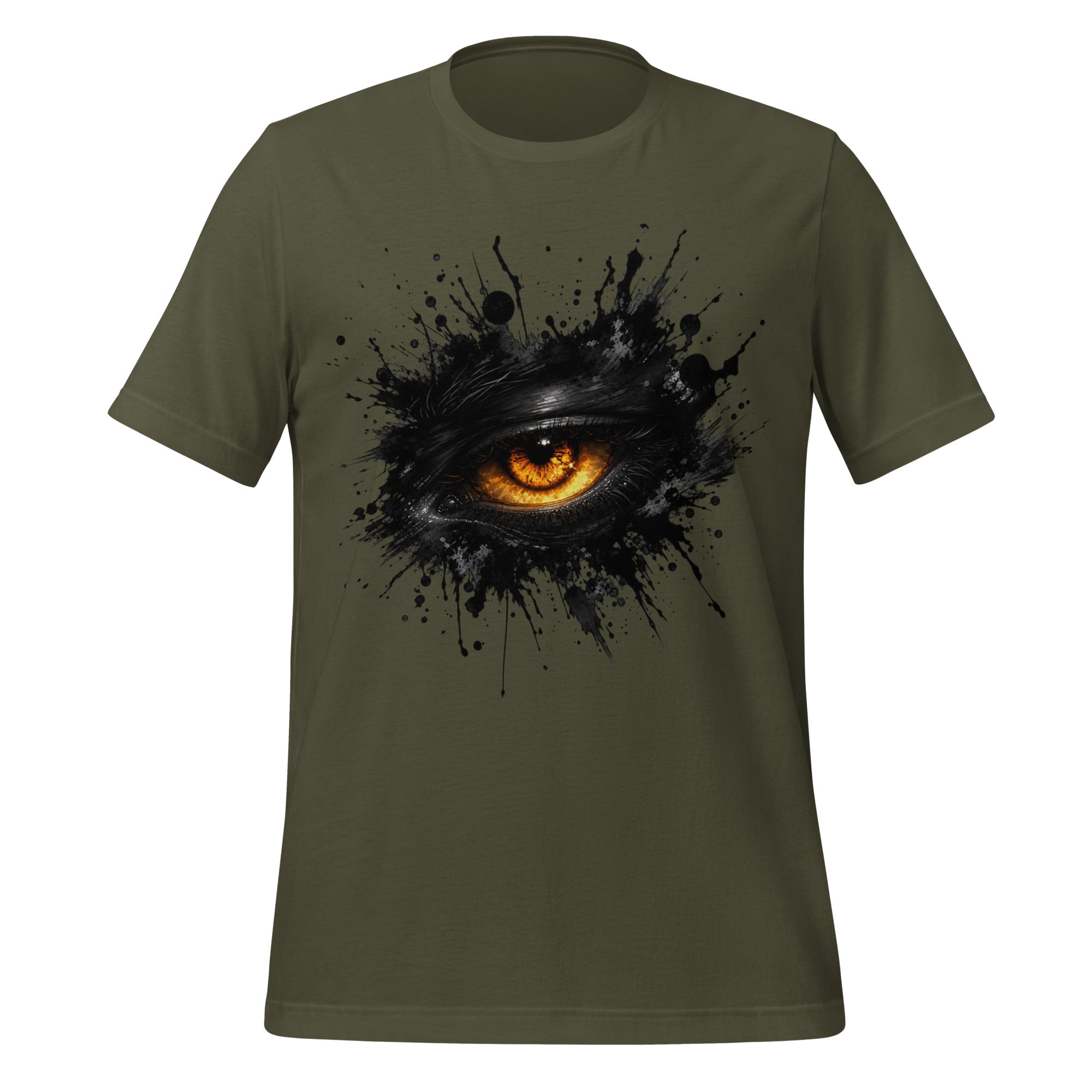 Military green men's T-shirt with glowing eye ink splash graphic on front