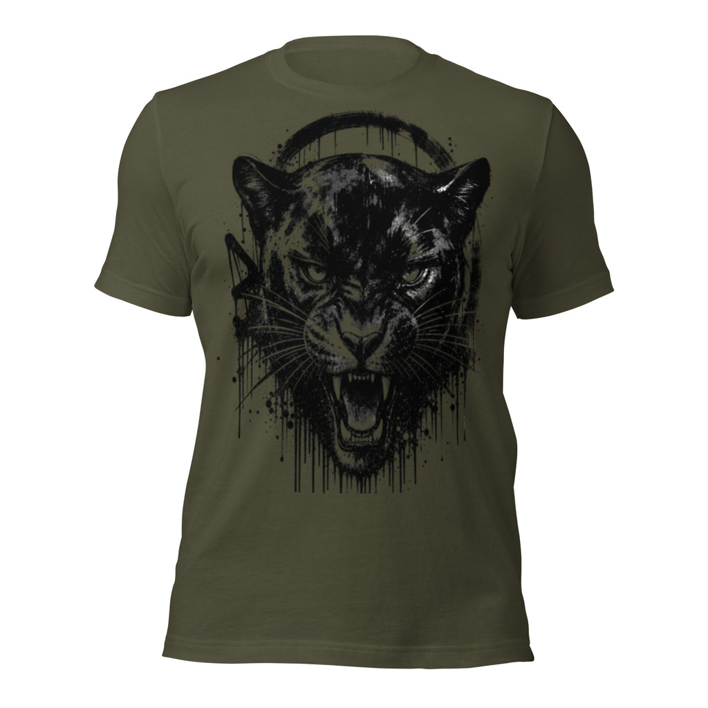 Military green unisex graphic T-shirt, roaring panther head ink splatter